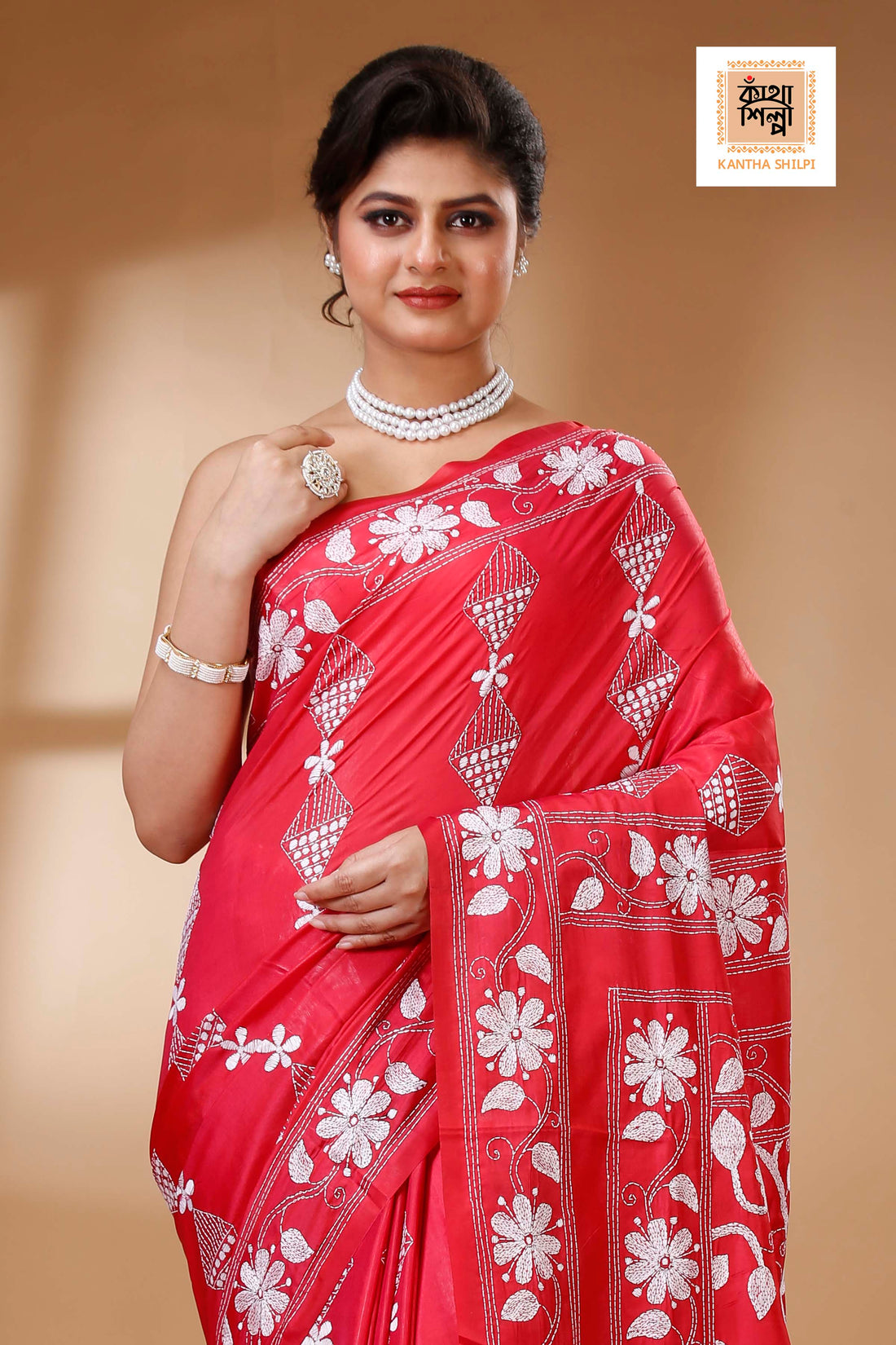 Red Color Bangalore Silk White color Thread Work Kantha Stitch Saree