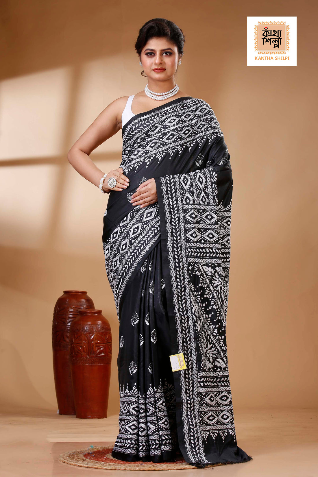 Black Color Bangalore Silk White color Thread Work Kantha Stitch Saree