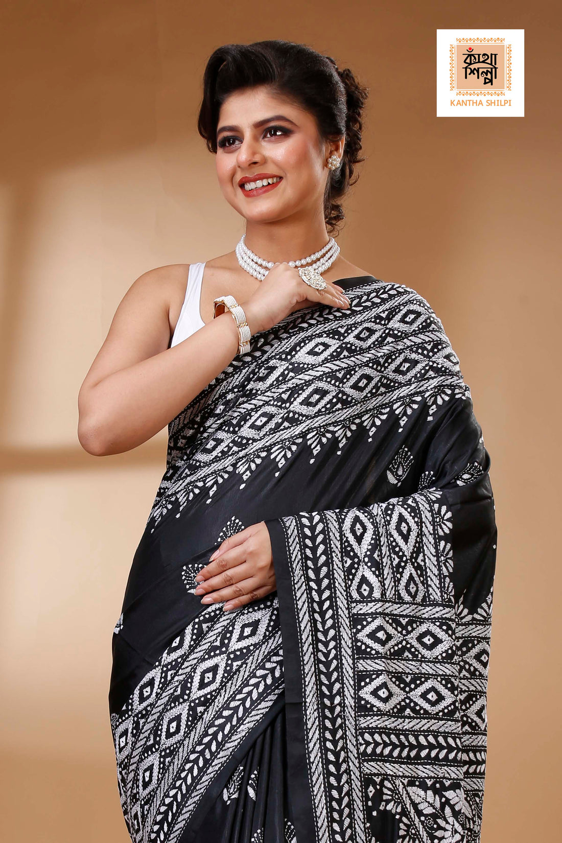 Black Color Bangalore Silk White color Thread Work Kantha Stitch Saree