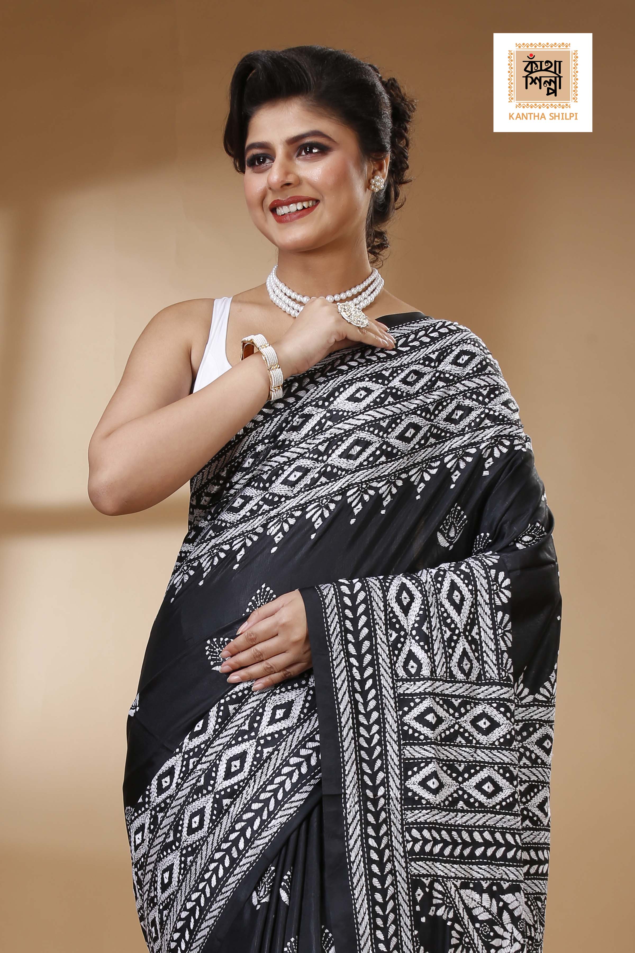 Black Color Bangalore Silk White color Thread Work Kantha Stitch Saree