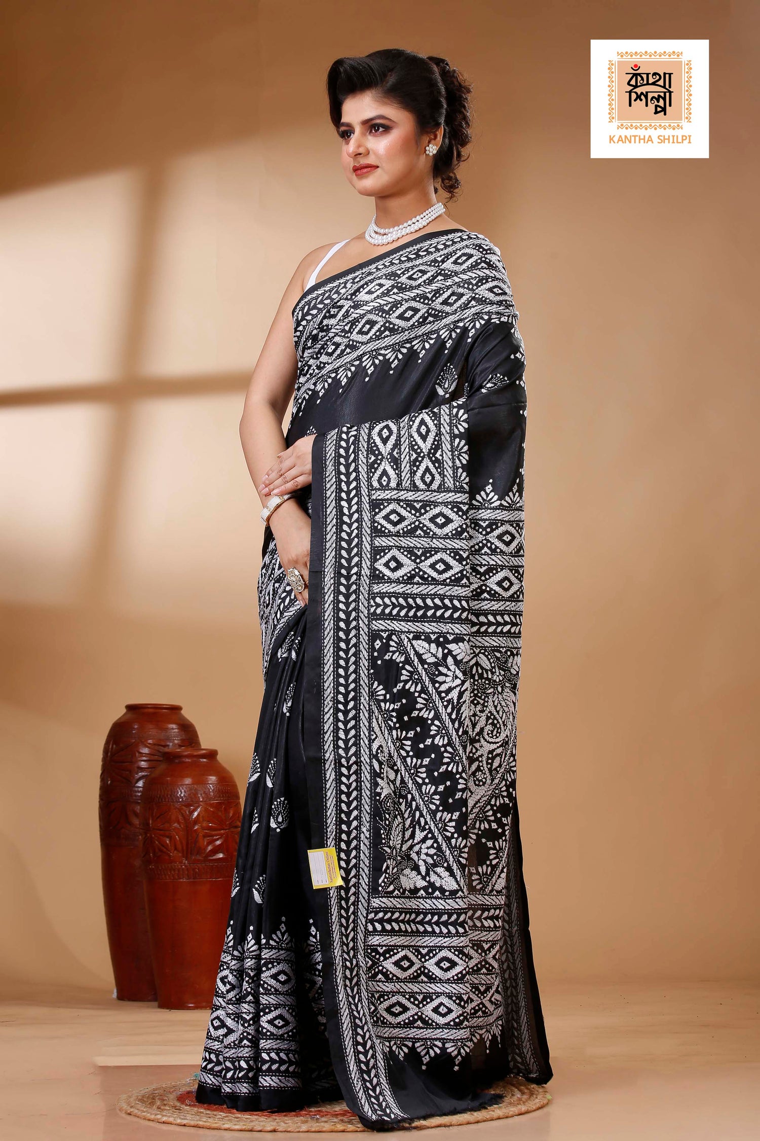Black Color Bangalore Silk White color Thread Work Kantha Stitch Saree