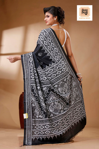 Black Color Bangalore Silk White color Thread Work Kantha Stitch Saree