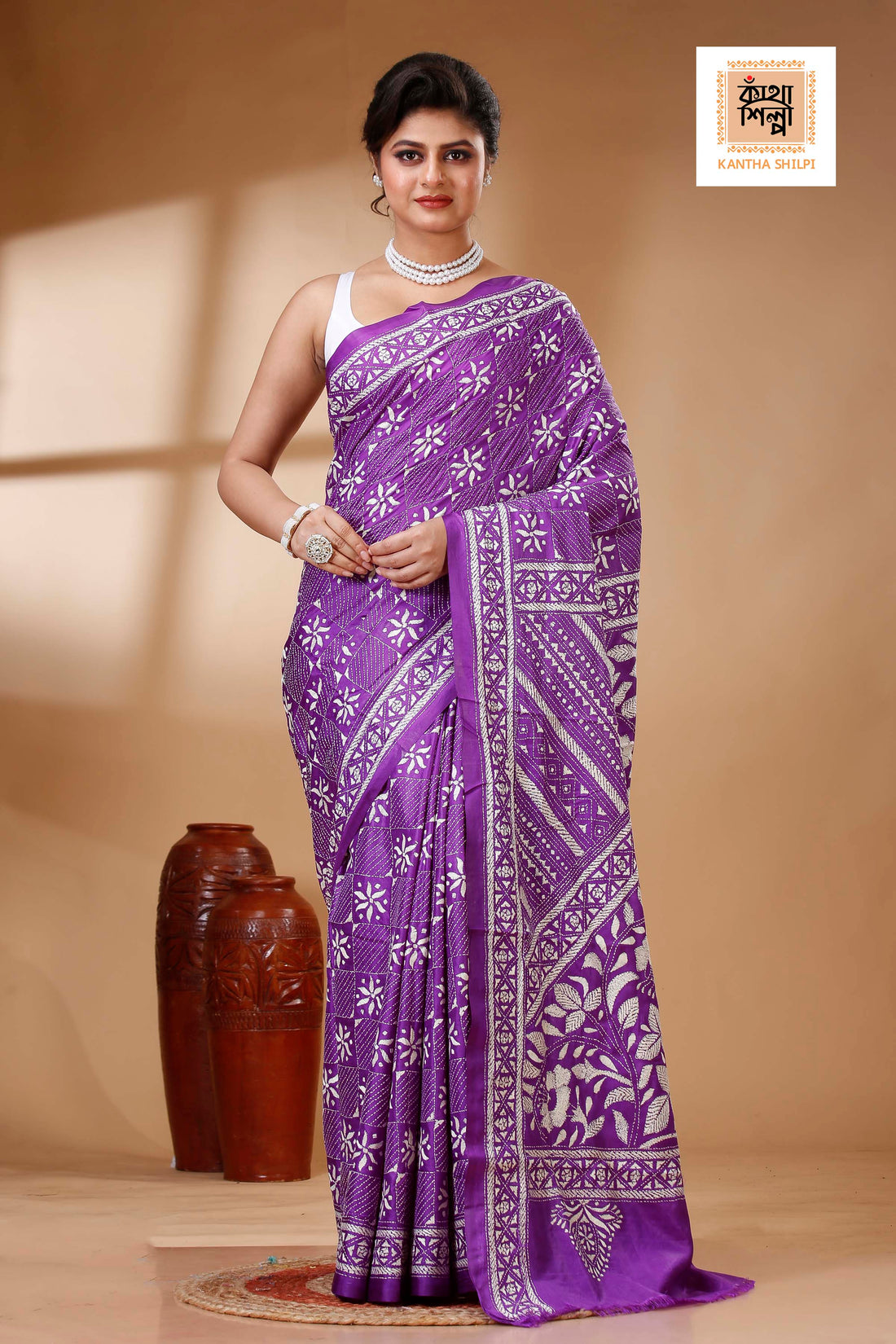 Orchid Color Bangalore Silk White color Thread Work Kantha Stitch Saree