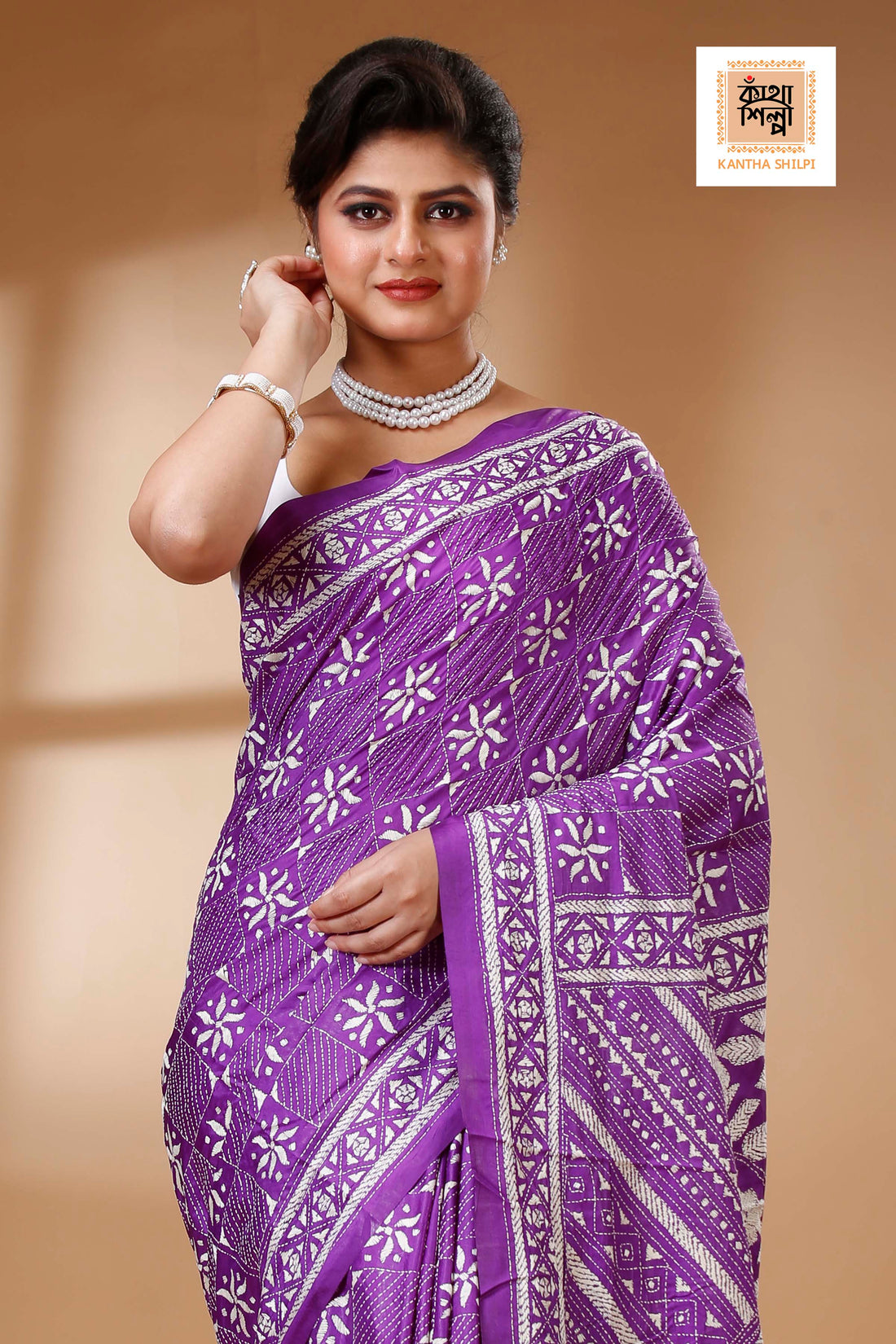 Orchid Color Bangalore Silk White color Thread Work Kantha Stitch Saree