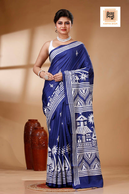 Blue Color Bangalore Silk White color Thread Work Kantha Stitch Saree
