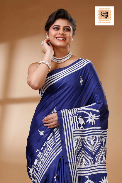 Blue Color Bangalore Silk White color Thread Work Kantha Stitch Saree