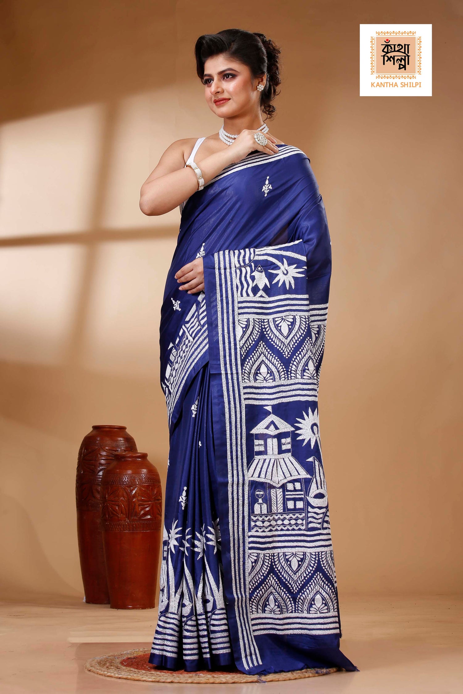 Blue Color Bangalore Silk White color Thread Work Kantha Stitch Saree