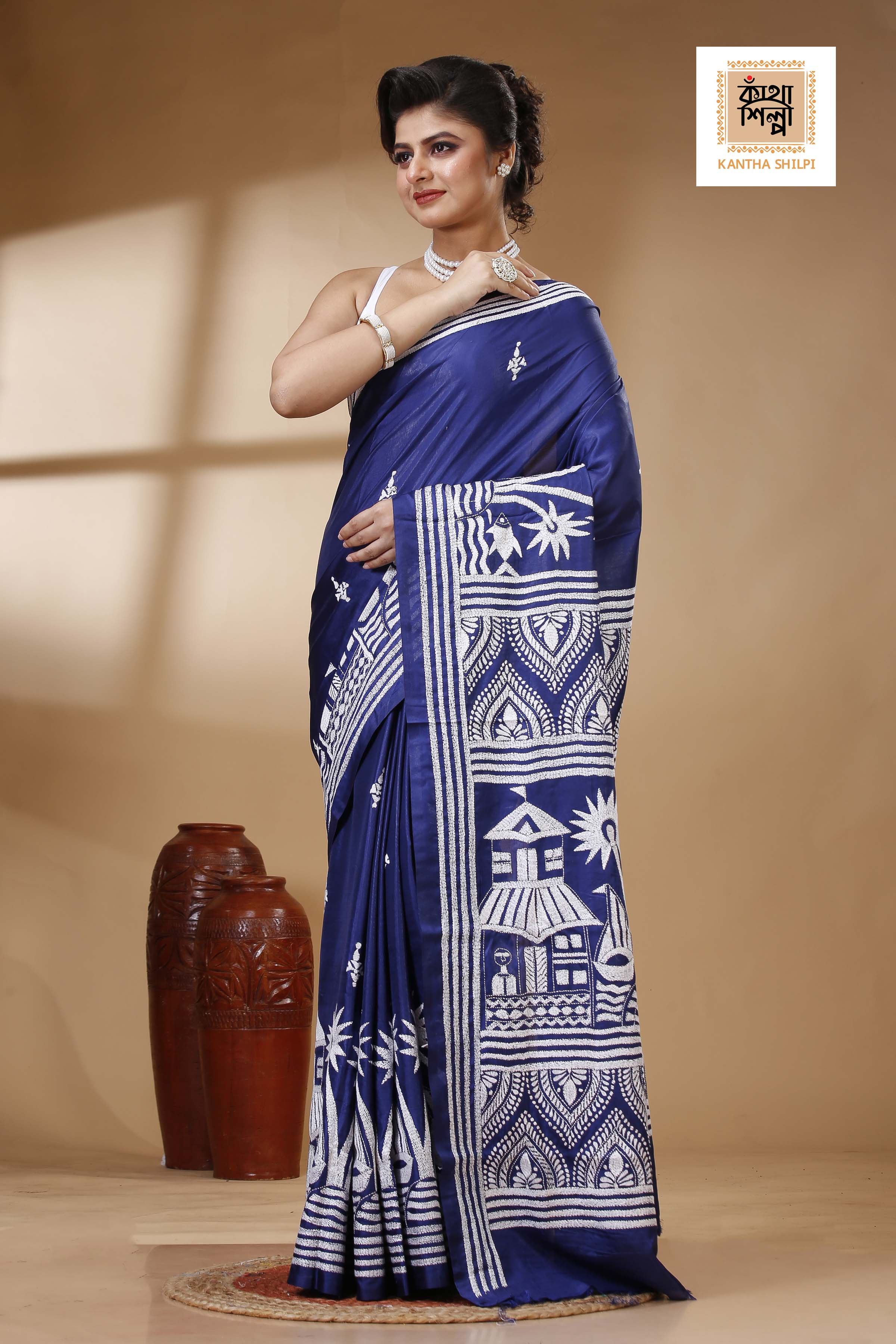 Blue Color Bangalore Silk White color Thread Work Kantha Stitch Saree