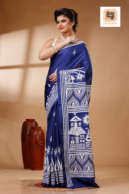 Blue Color Bangalore Silk White color Thread Work Kantha Stitch Saree