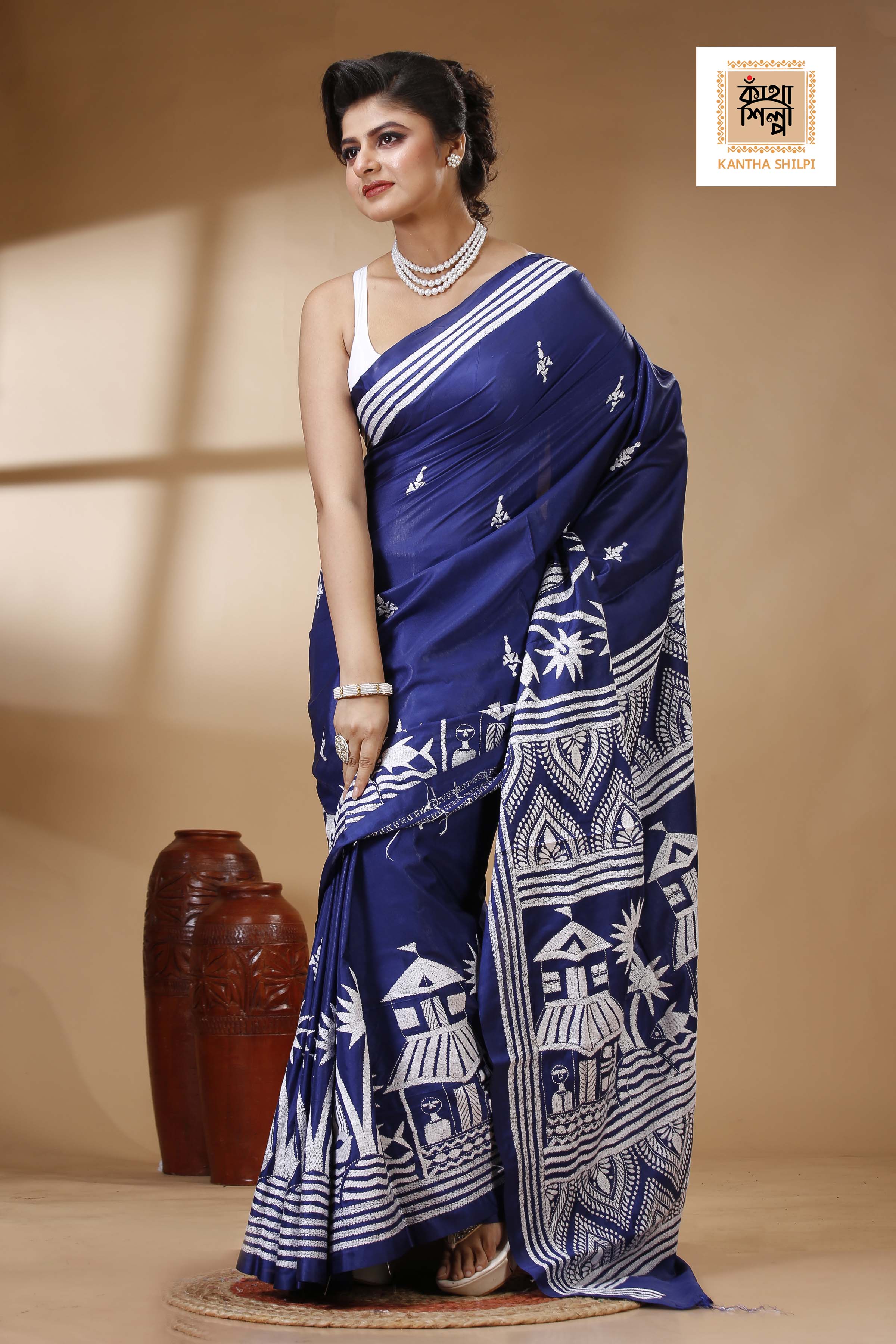 Blue Color Bangalore Silk White color Thread Work Kantha Stitch Saree