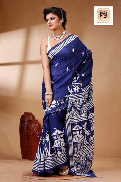 Blue Color Bangalore Silk White color Thread Work Kantha Stitch Saree