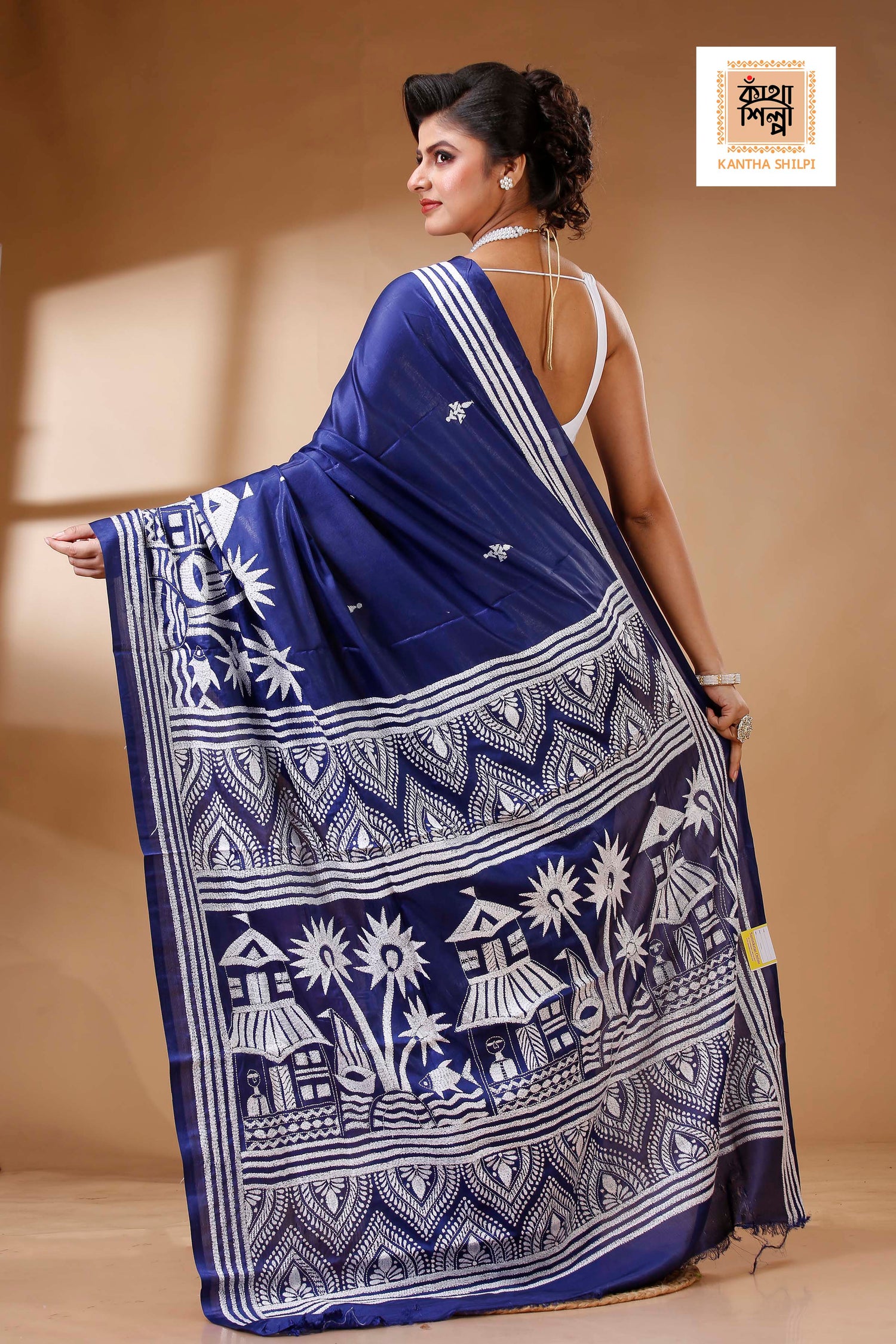 Blue Color Bangalore Silk White color Thread Work Kantha Stitch Saree