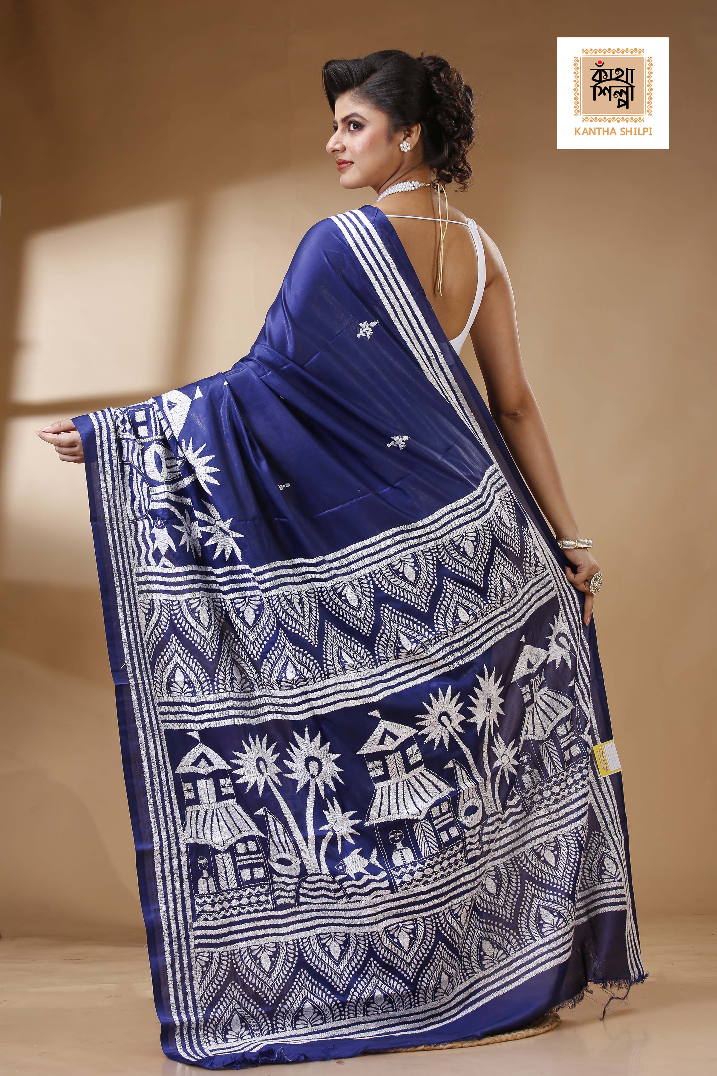 Blue Color Bangalore Silk White color Thread Work Kantha Stitch Saree