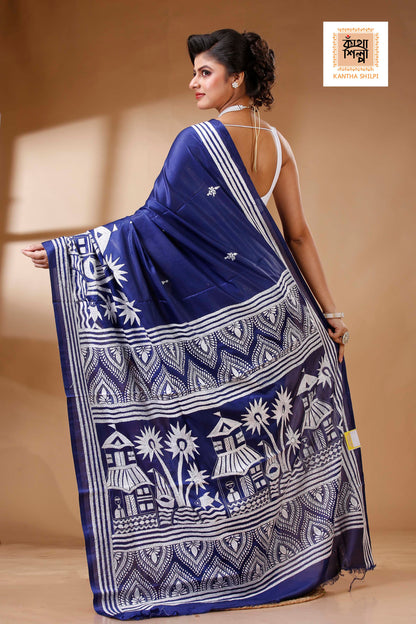 Blue Color Bangalore Silk White color Thread Work Kantha Stitch Saree