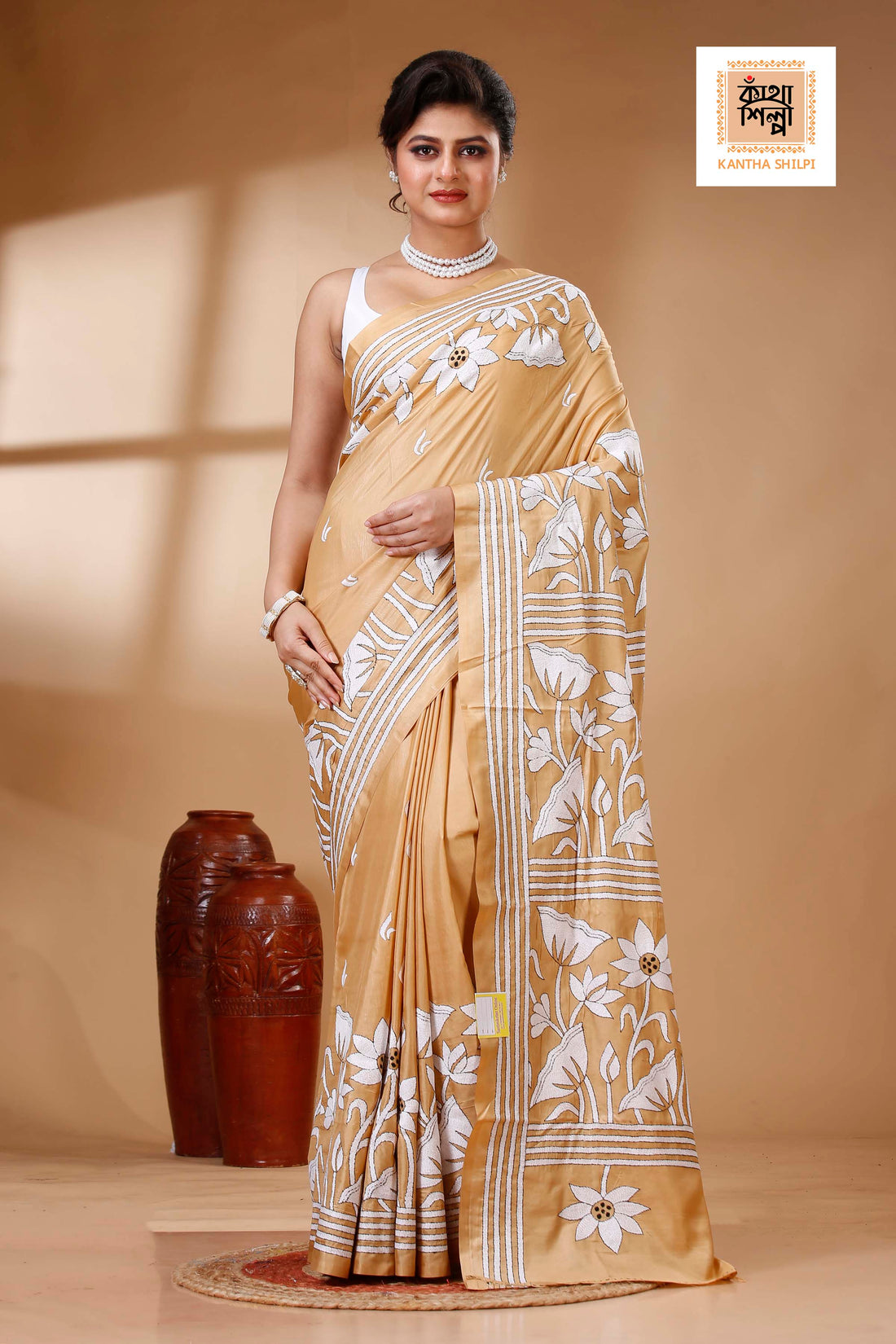 Beige Color Bangalore Silk White color Thread Work Kantha Stitch Saree