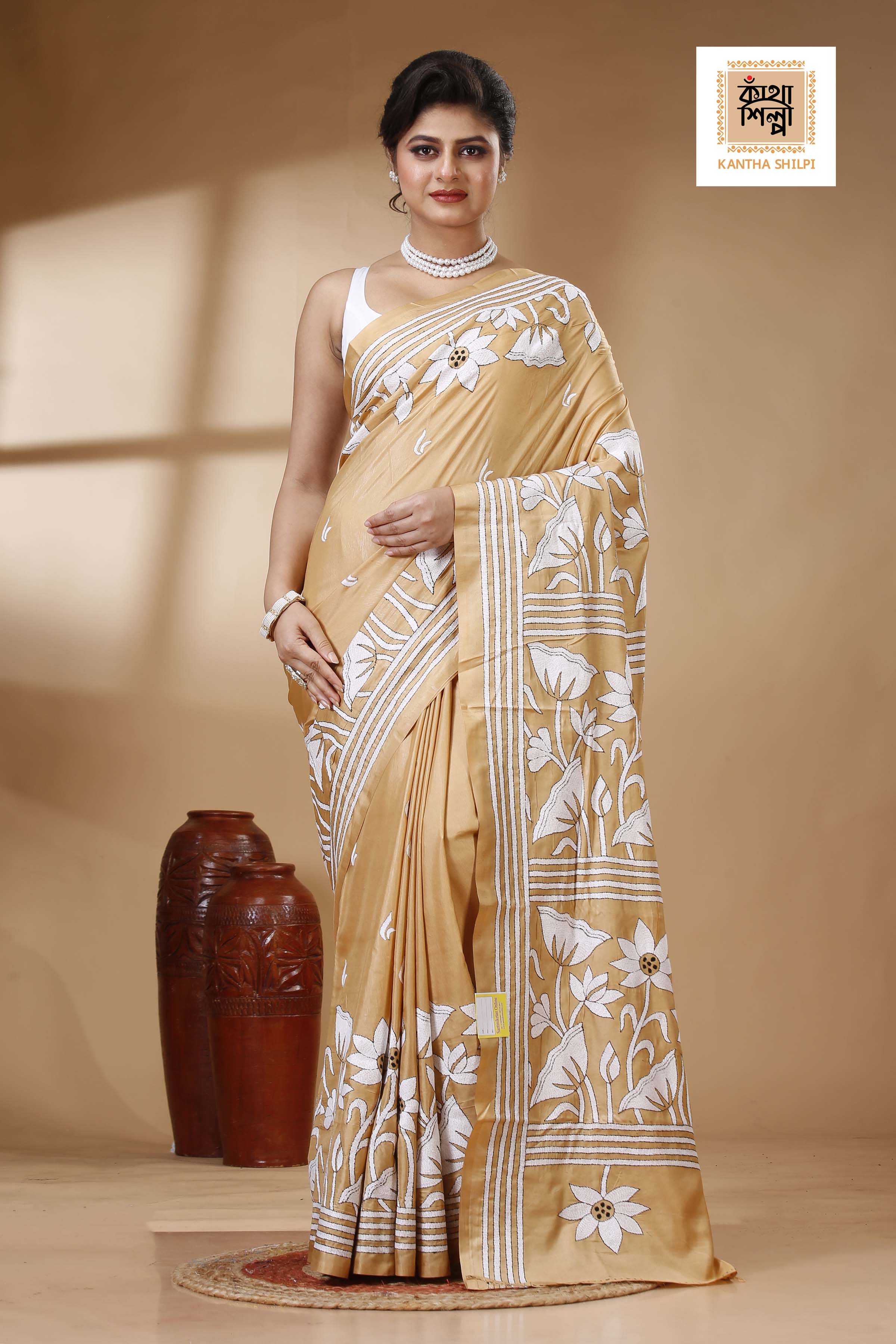 Beige Color Bangalore Silk White color Thread Work Kantha Stitch Saree