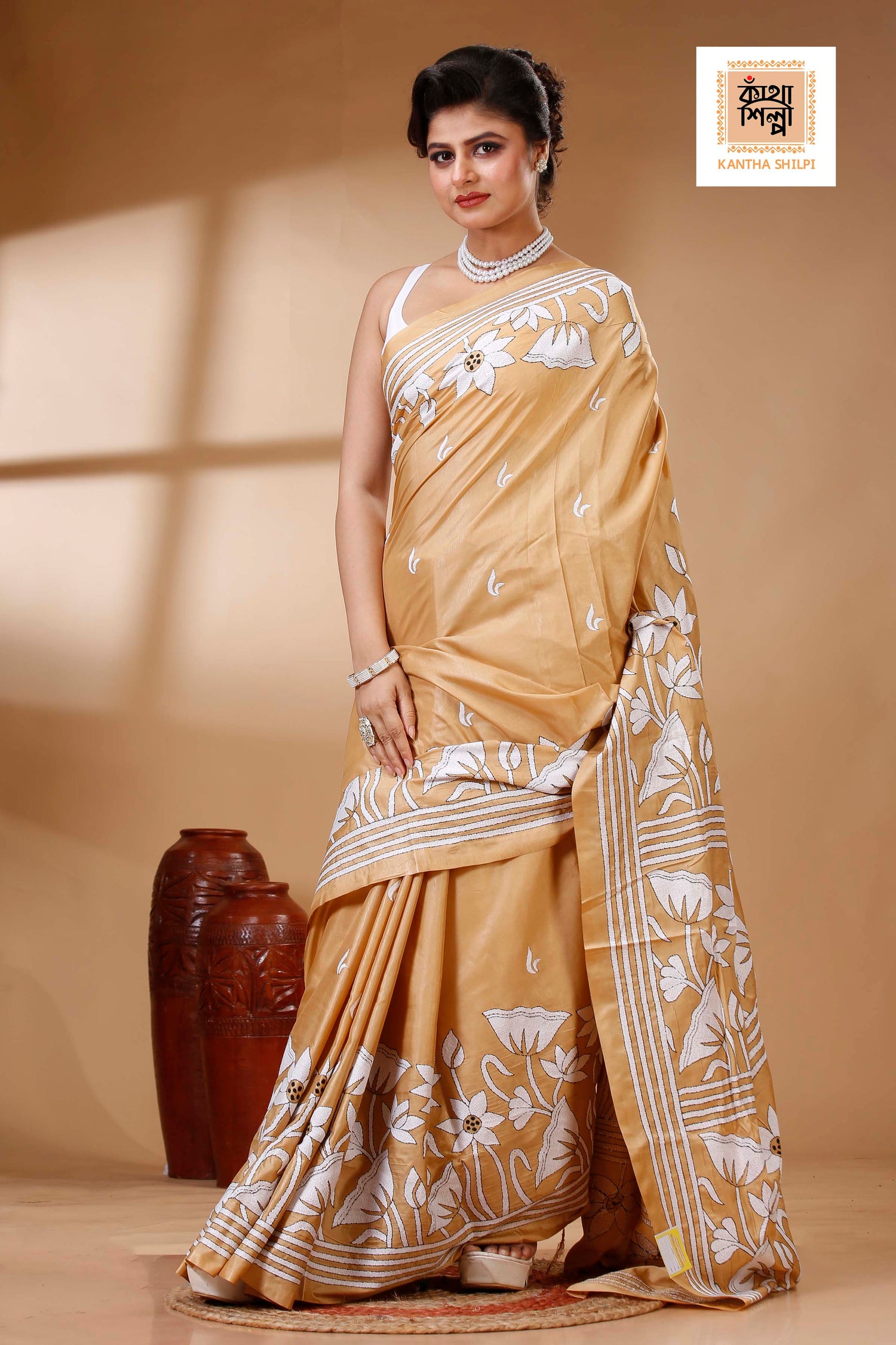 Beige Color Bangalore Silk White color Thread Work Kantha Stitch Saree