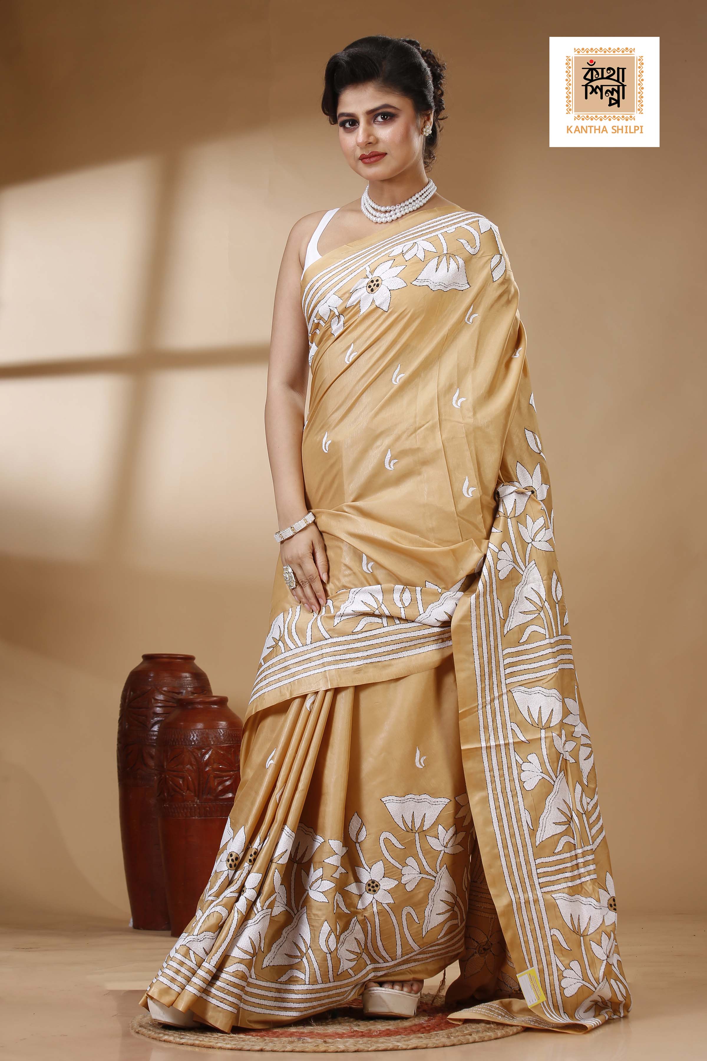 Beige Color Bangalore Silk White color Thread Work Kantha Stitch Saree