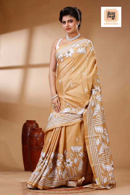 Beige Color Bangalore Silk White color Thread Work Kantha Stitch Saree