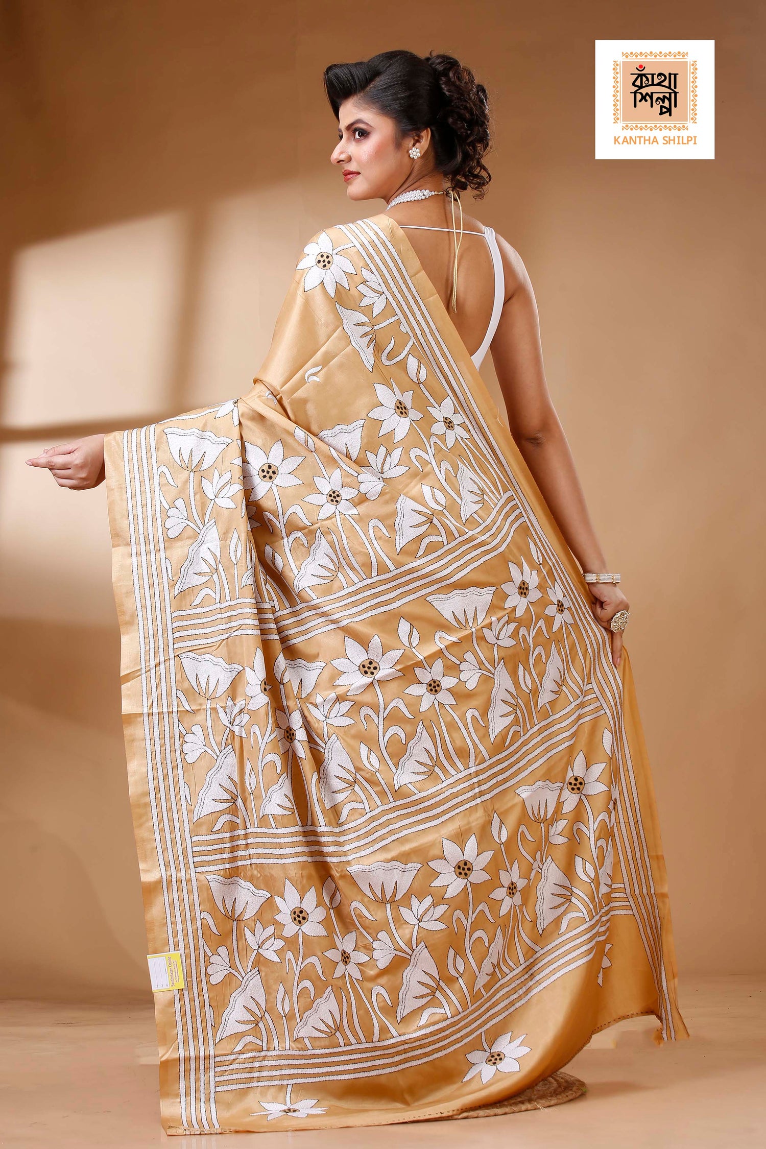Beige Color Bangalore Silk White color Thread Work Kantha Stitch Saree