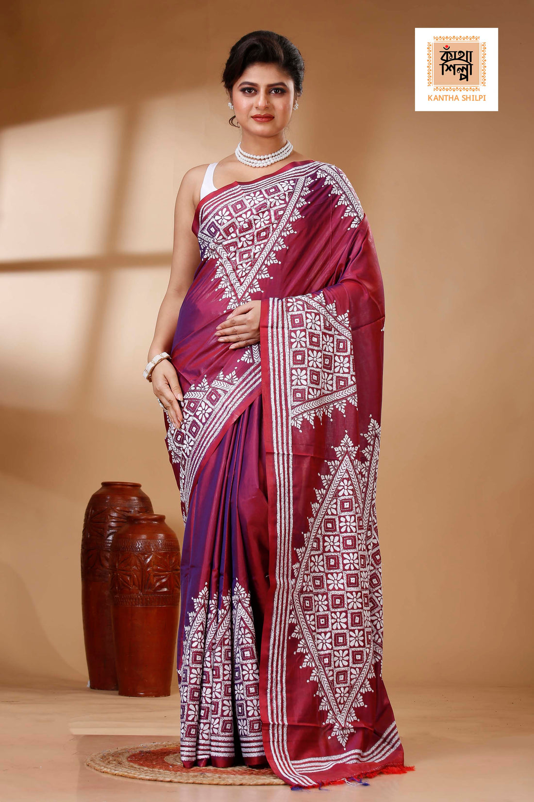 Maroon Color Bangalore Silk White color Thread Work Kantha Stitch Saree