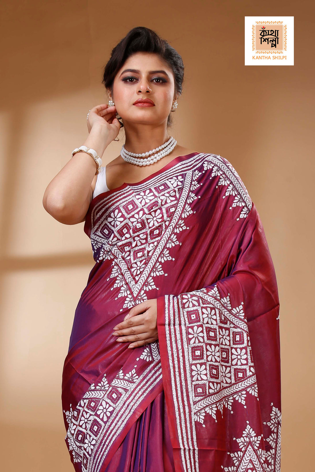 Maroon Color Bangalore Silk White color Thread Work Kantha Stitch Saree