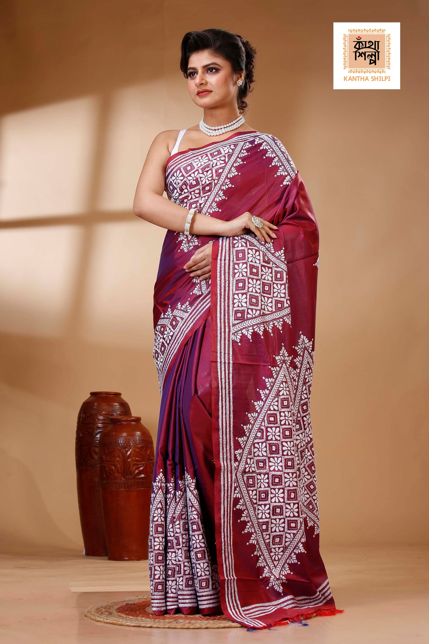 Maroon Color Bangalore Silk White color Thread Work Kantha Stitch Saree