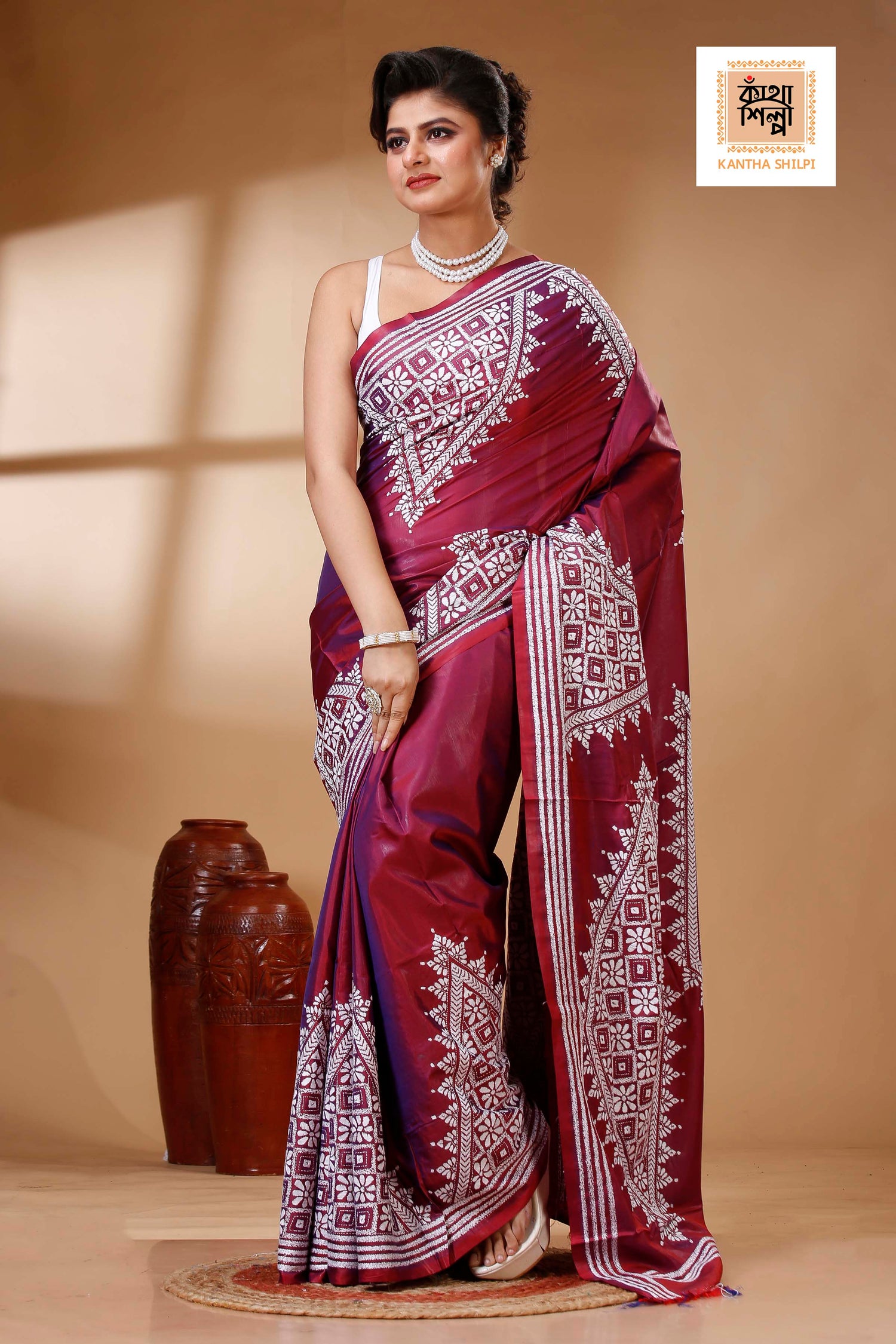 Maroon Color Bangalore Silk White color Thread Work Kantha Stitch Saree