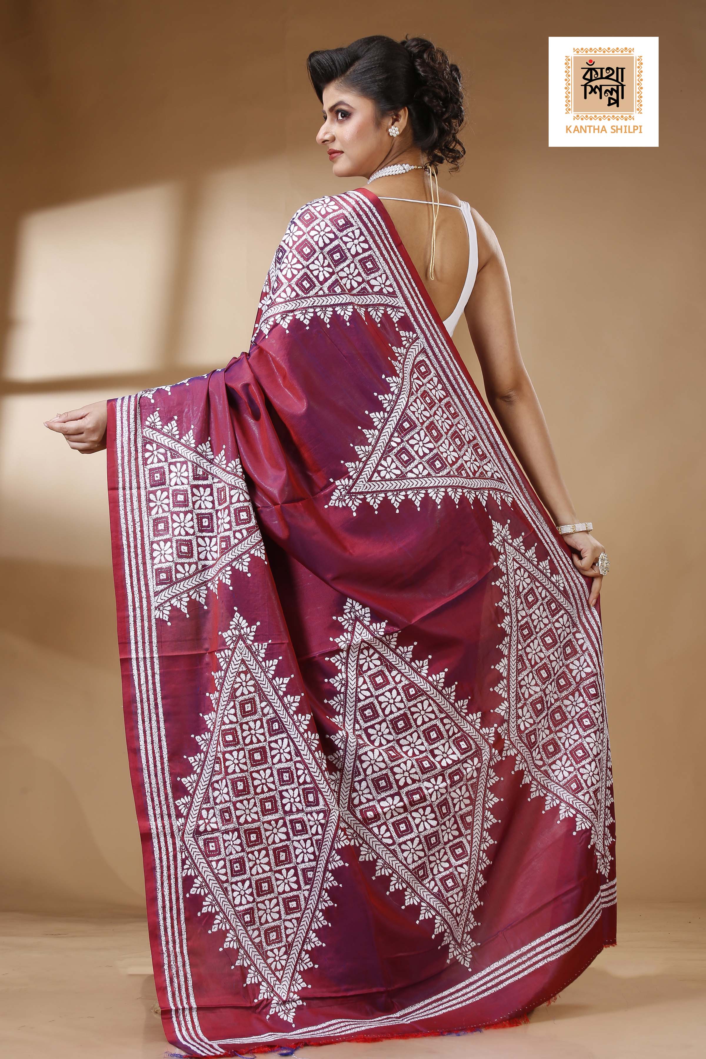 Maroon Color Bangalore Silk White color Thread Work Kantha Stitch Saree