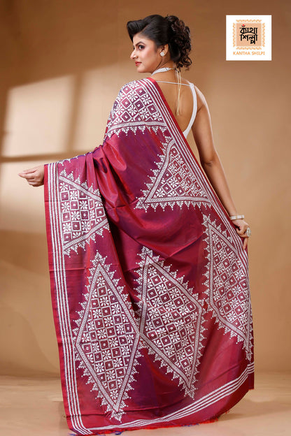 Maroon Color Bangalore Silk White color Thread Work Kantha Stitch Saree