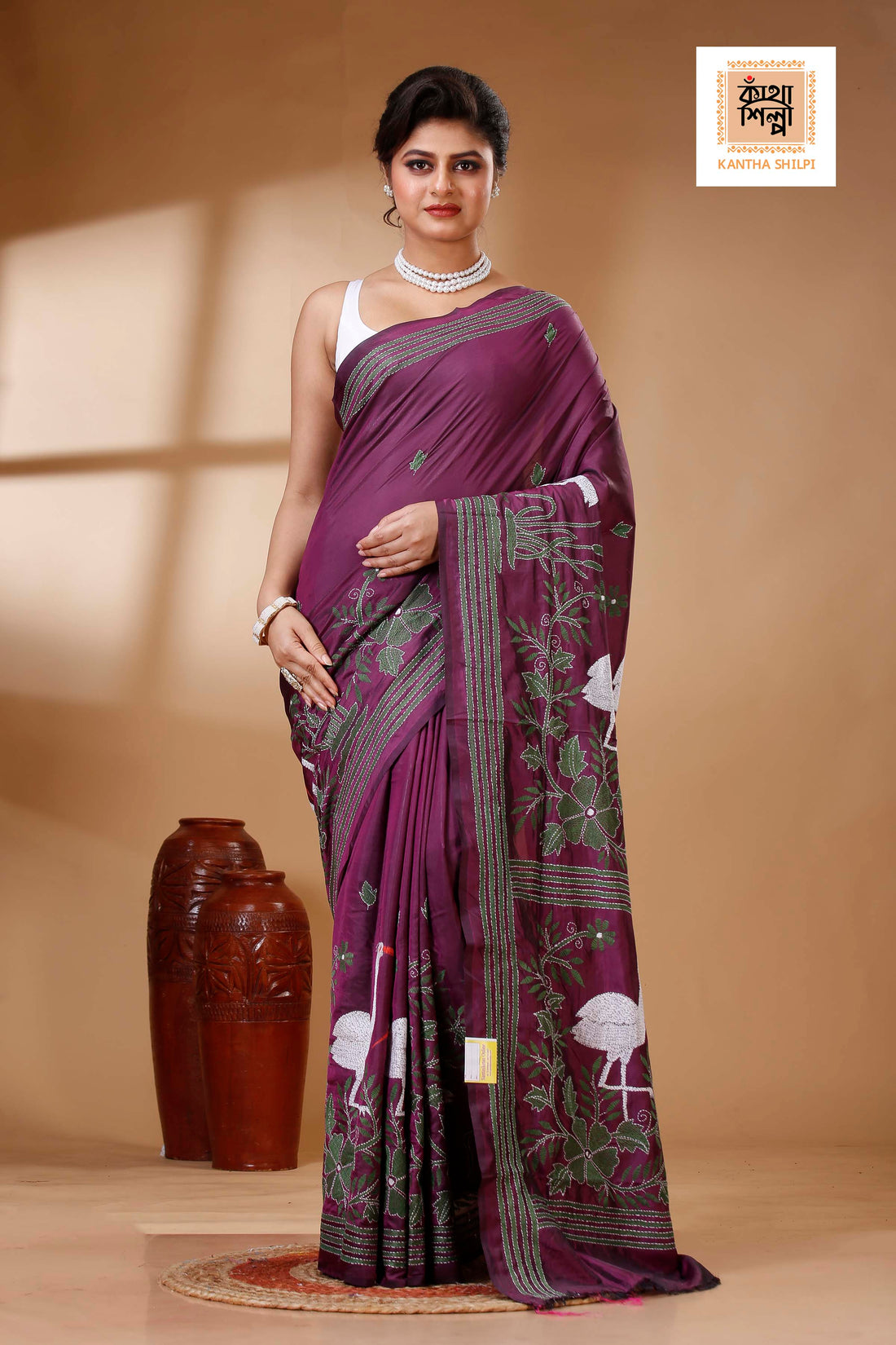 Maroon Color Bangalore Silk Multicolor Thread Work Kantha Stitch Saree