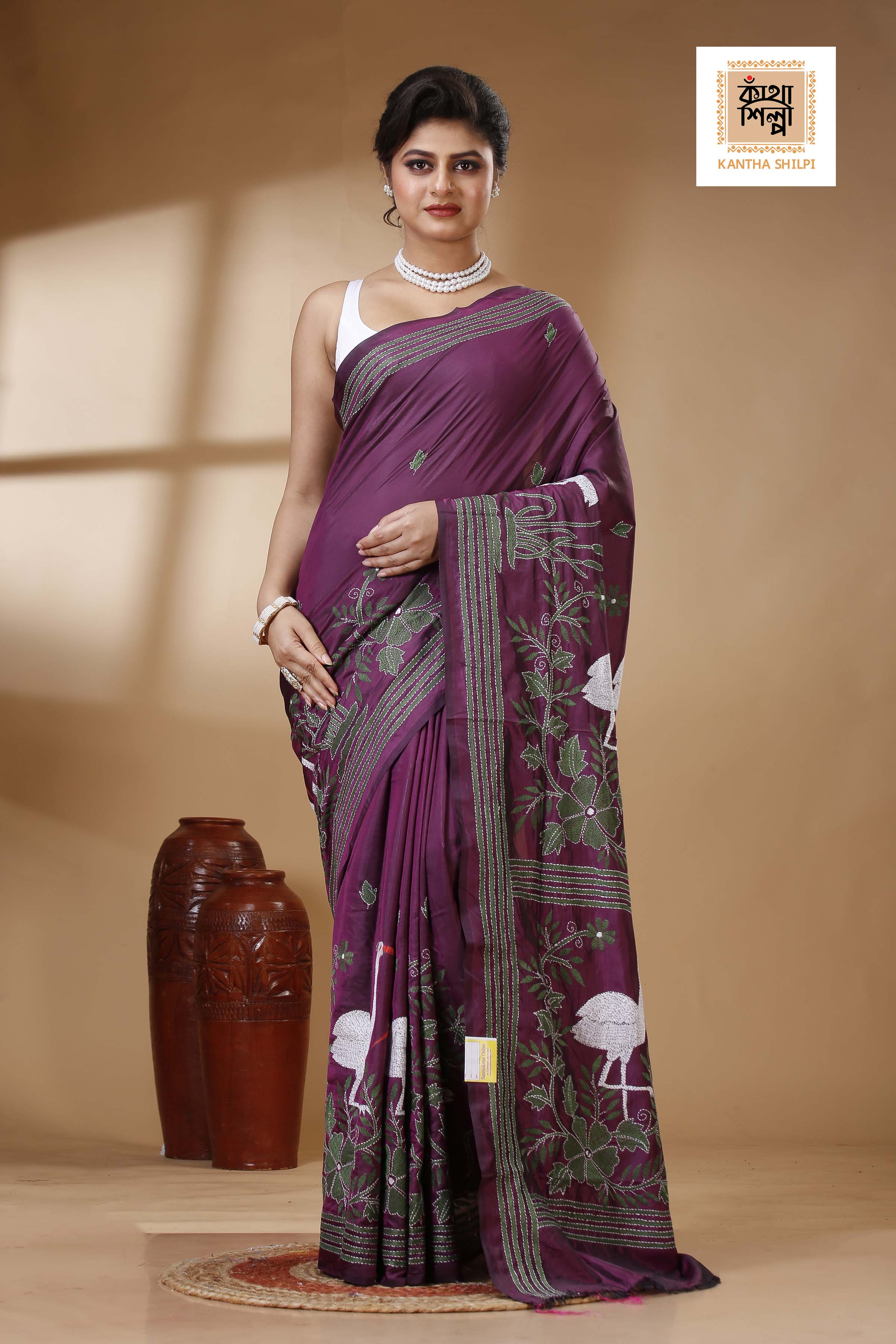 Maroon Color Bangalore Silk Multicolor Thread Work Kantha Stitch Saree