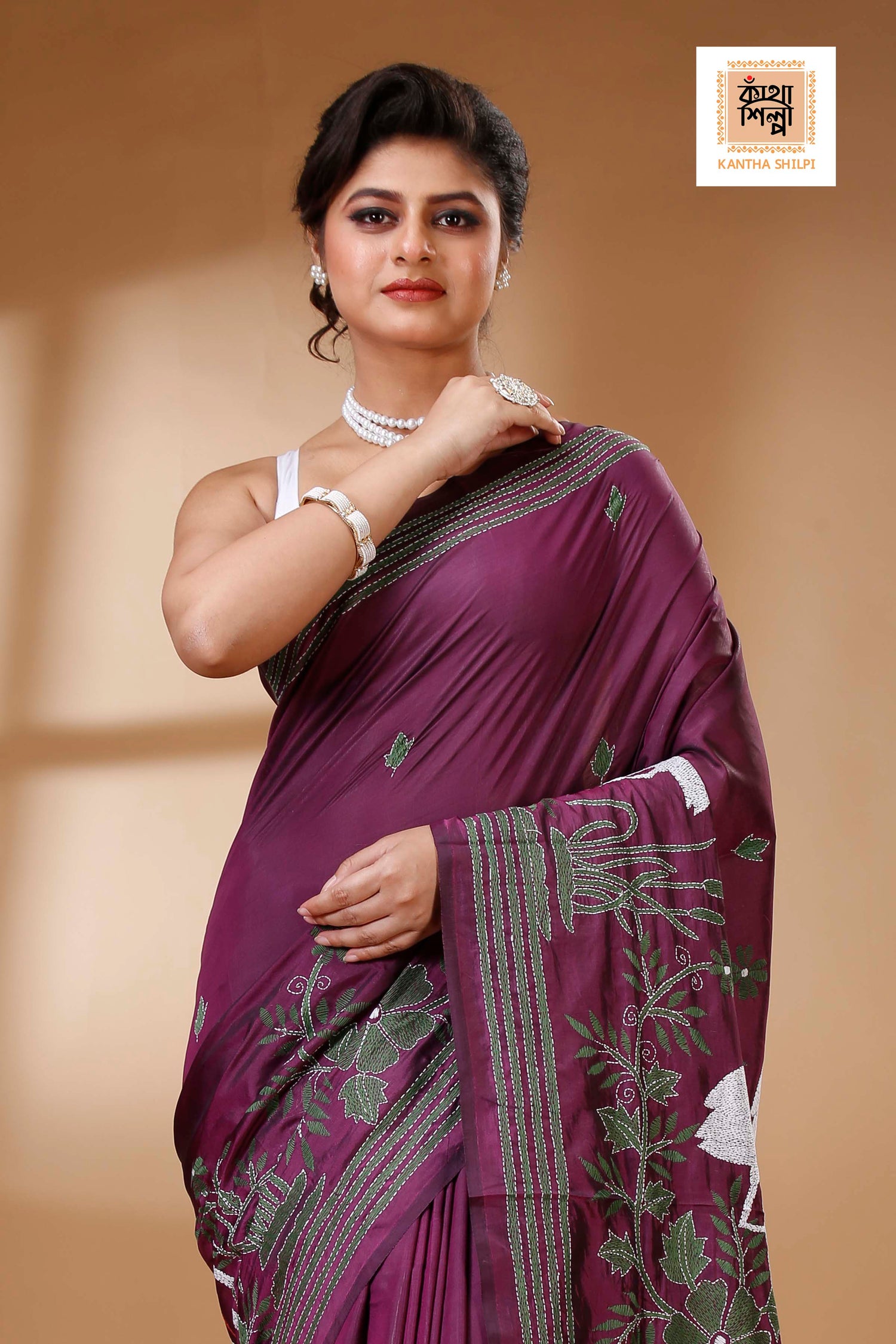 Maroon Color Bangalore Silk Multicolor Thread Work Kantha Stitch Saree