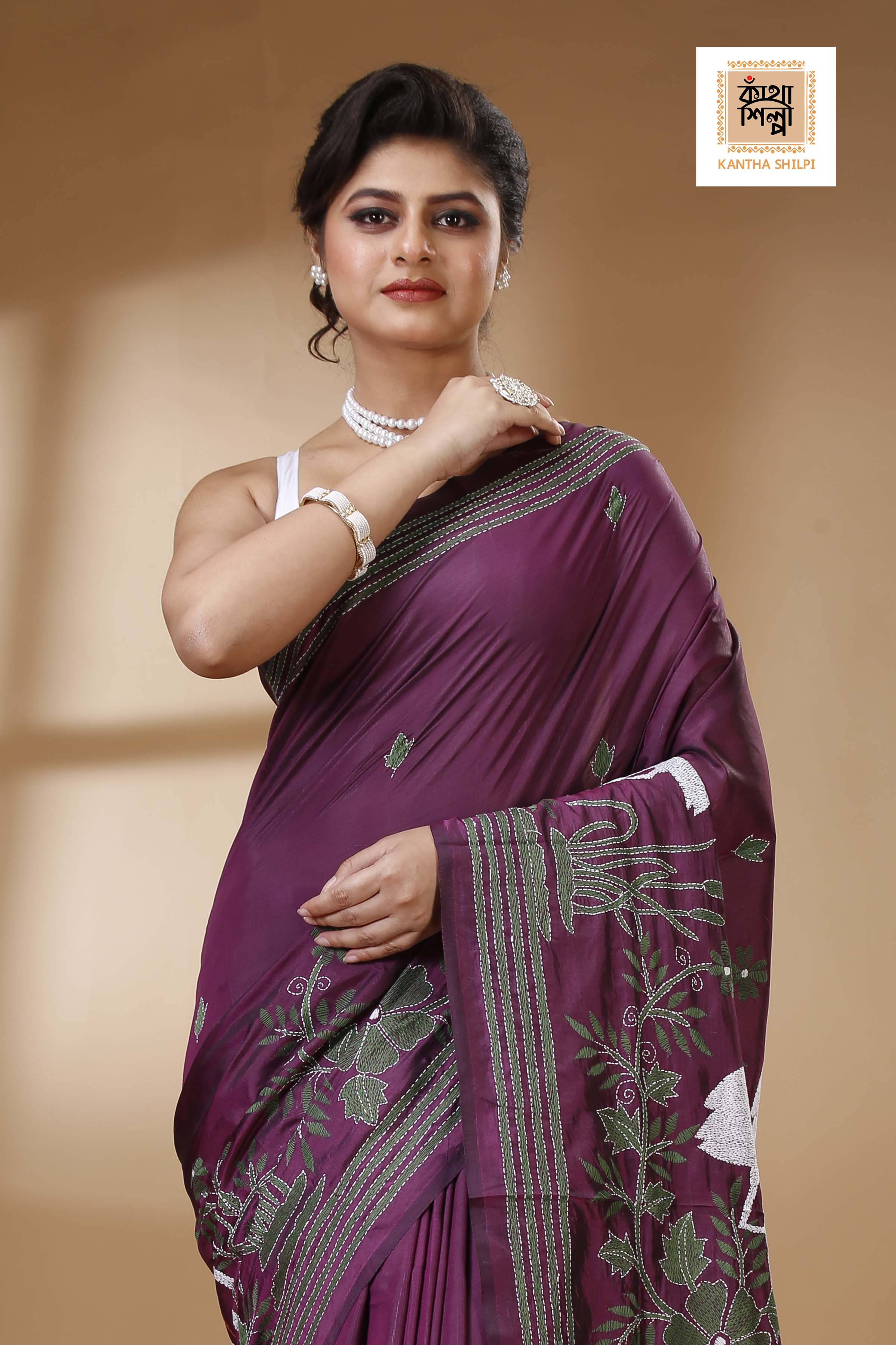 Maroon Color Bangalore Silk Multicolor Thread Work Kantha Stitch Saree