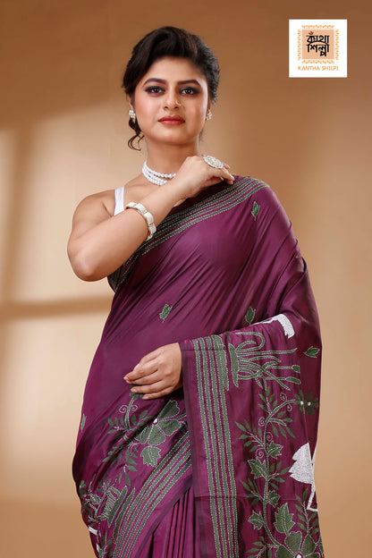 Maroon Color Bangalore Silk Multicolor Thread Work Kantha Stitch Saree