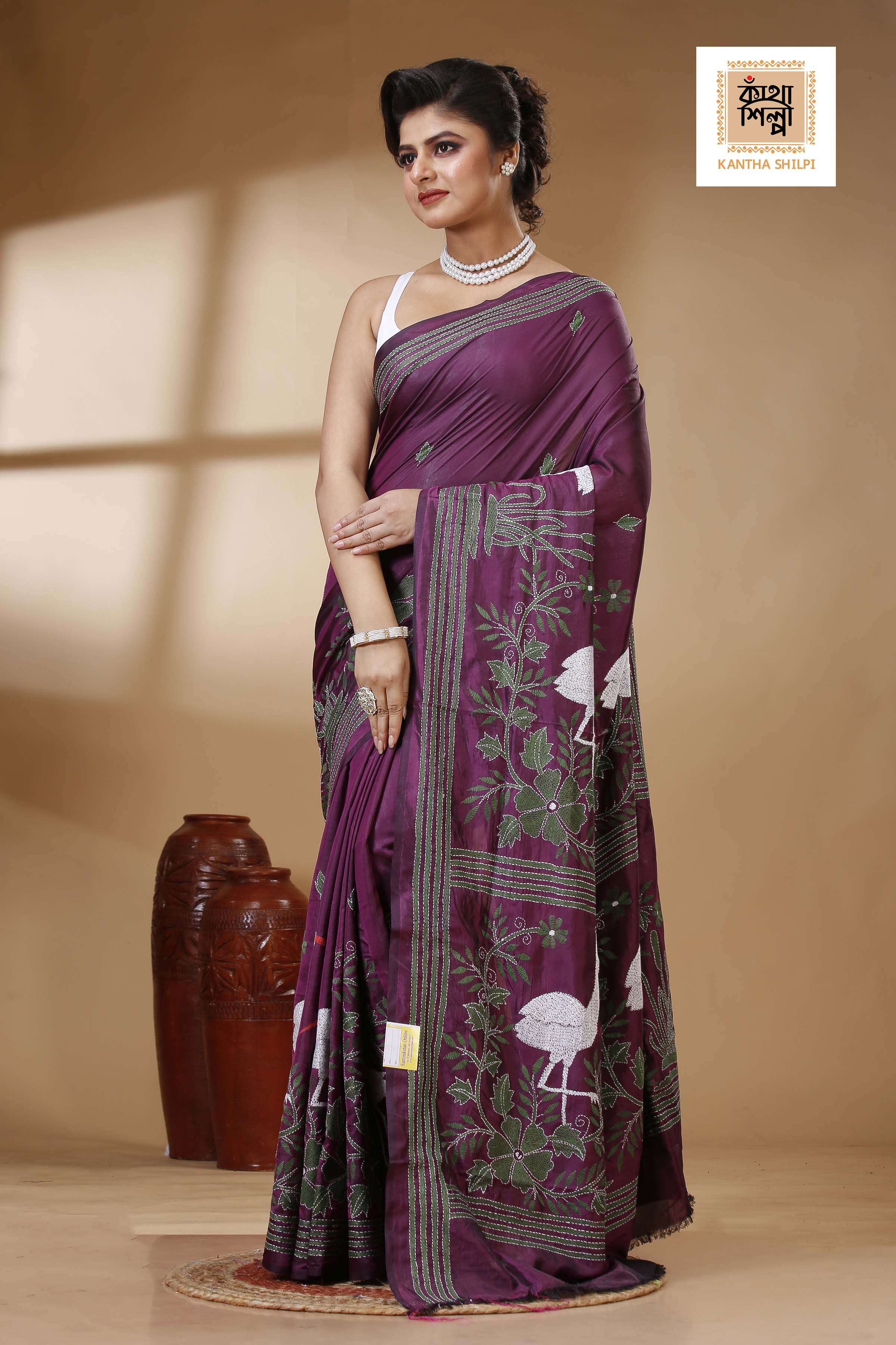 Maroon Color Bangalore Silk Multicolor Thread Work Kantha Stitch Saree