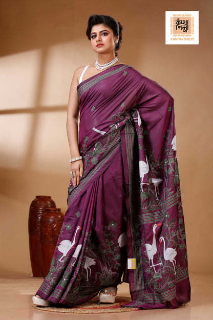 Maroon Color Bangalore Silk Multicolor Thread Work Kantha Stitch Saree