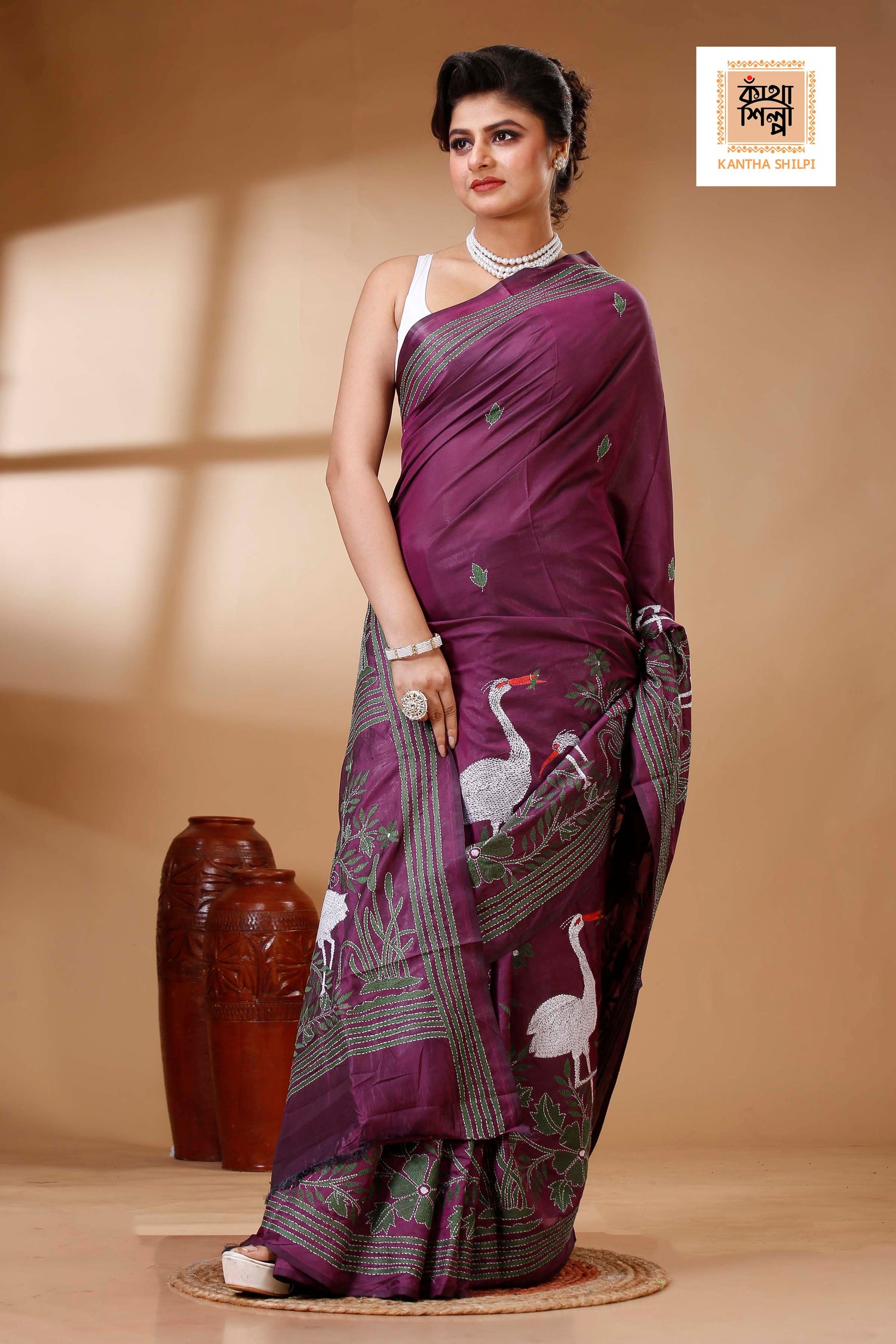 Maroon Color Bangalore Silk Multicolor Thread Work Kantha Stitch Saree
