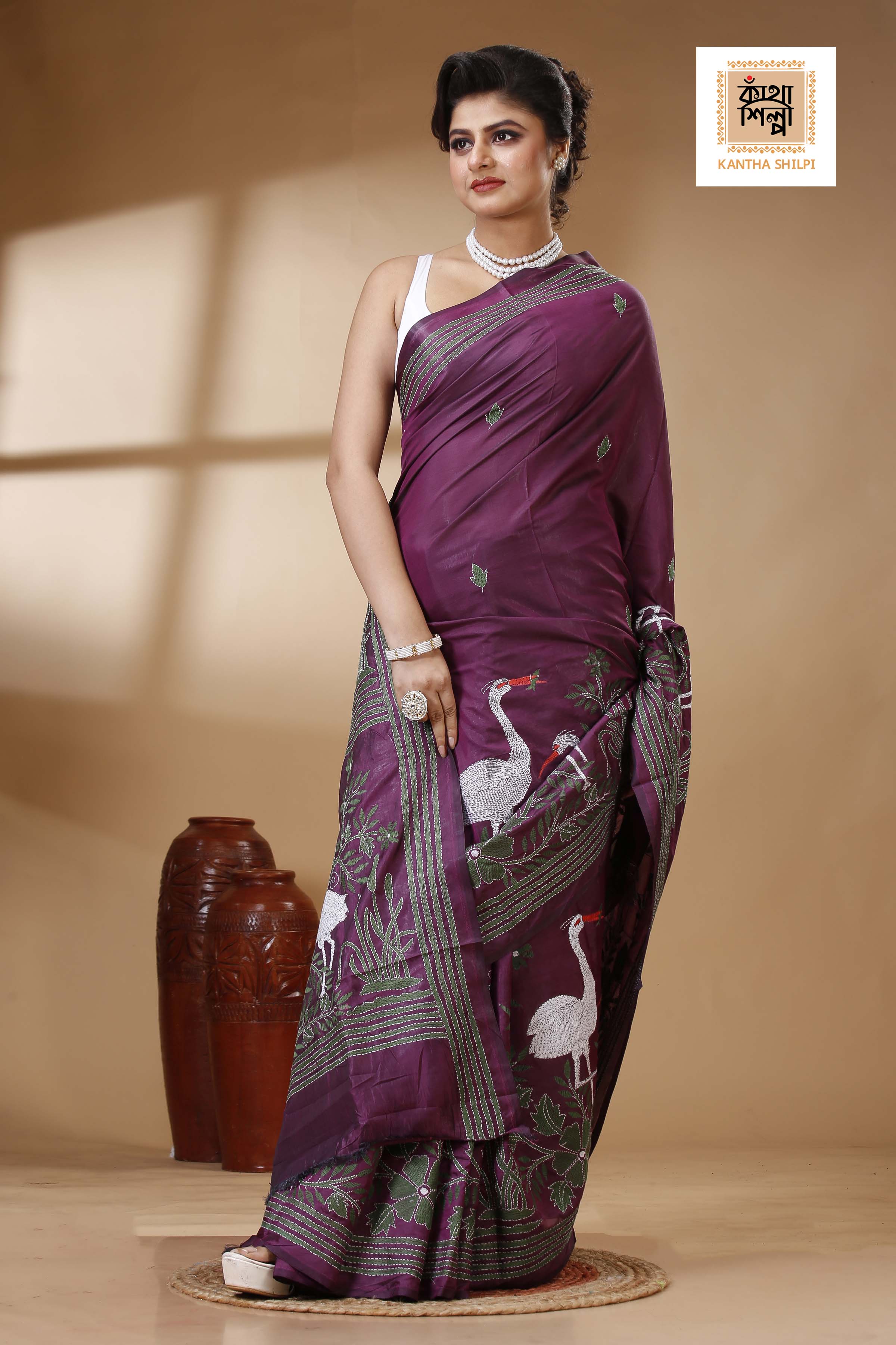 Maroon Color Bangalore Silk Multicolor Thread Work Kantha Stitch Saree