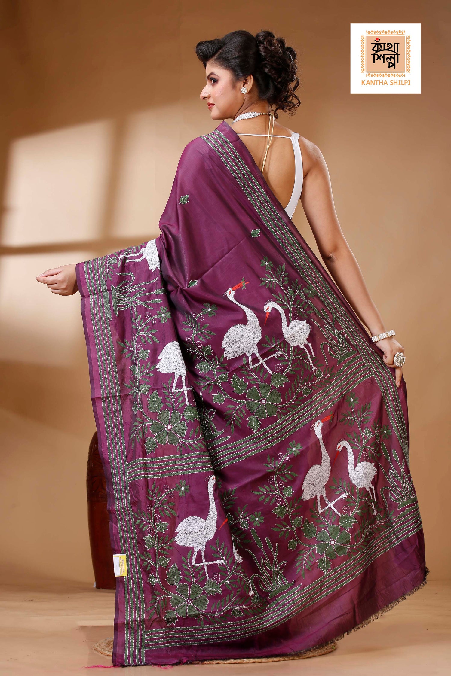 Maroon Color Bangalore Silk Multicolor Thread Work Kantha Stitch Saree