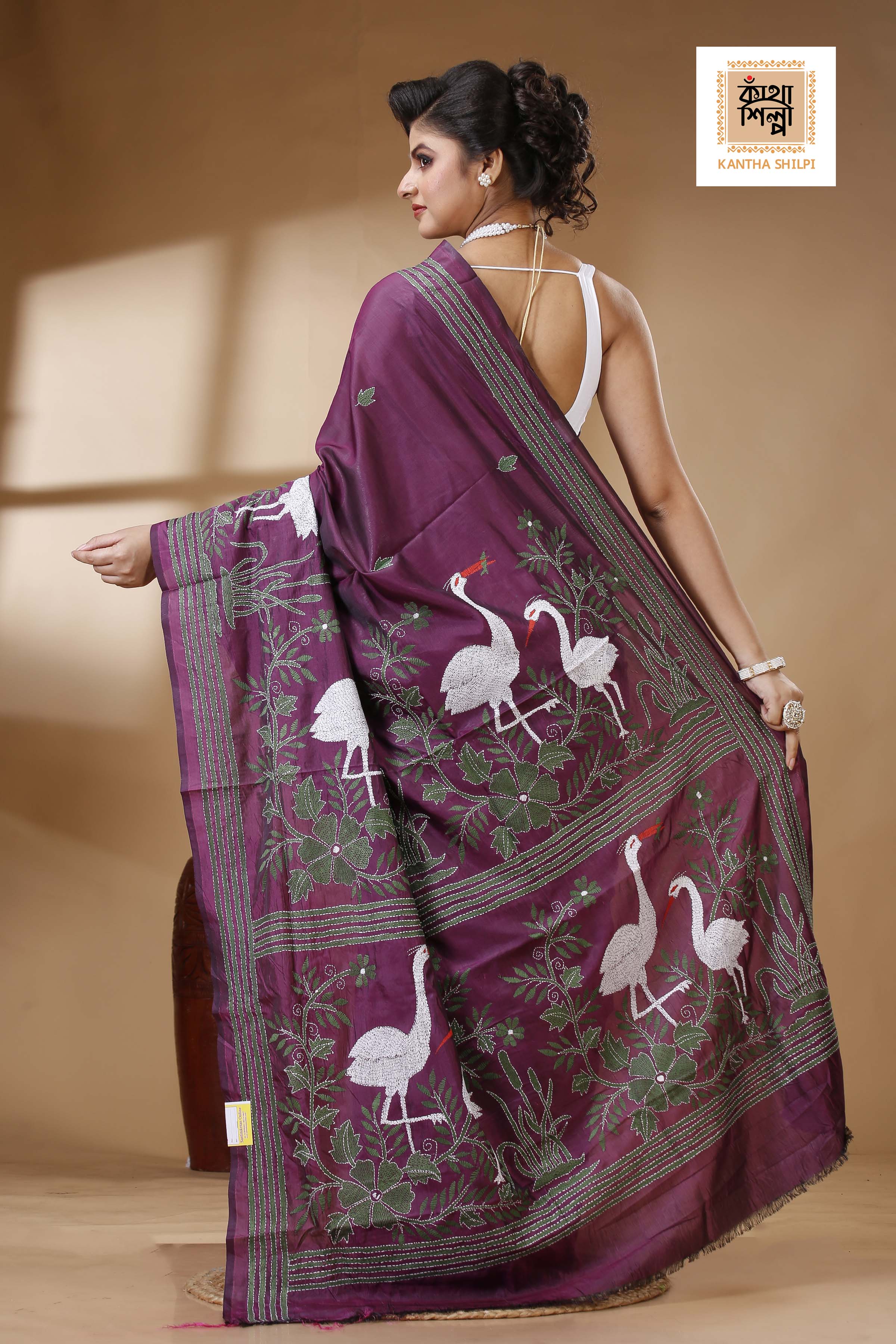 Maroon Color Bangalore Silk Multicolor Thread Work Kantha Stitch Saree