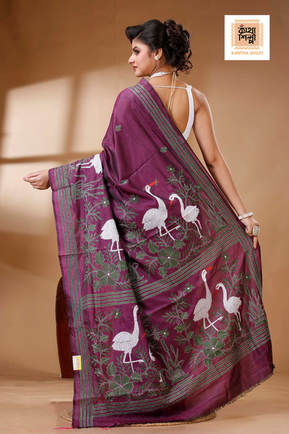 Maroon Color Bangalore Silk Multicolor Thread Work Kantha Stitch Saree