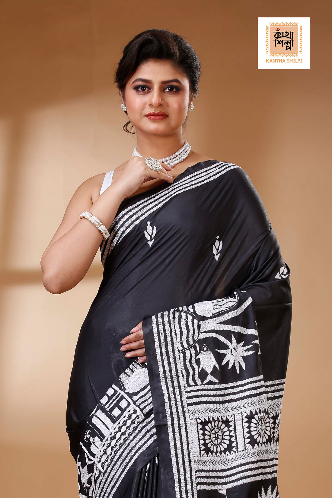 Black Color Bangalore Silk White color Thread Work Kantha Stitch Saree