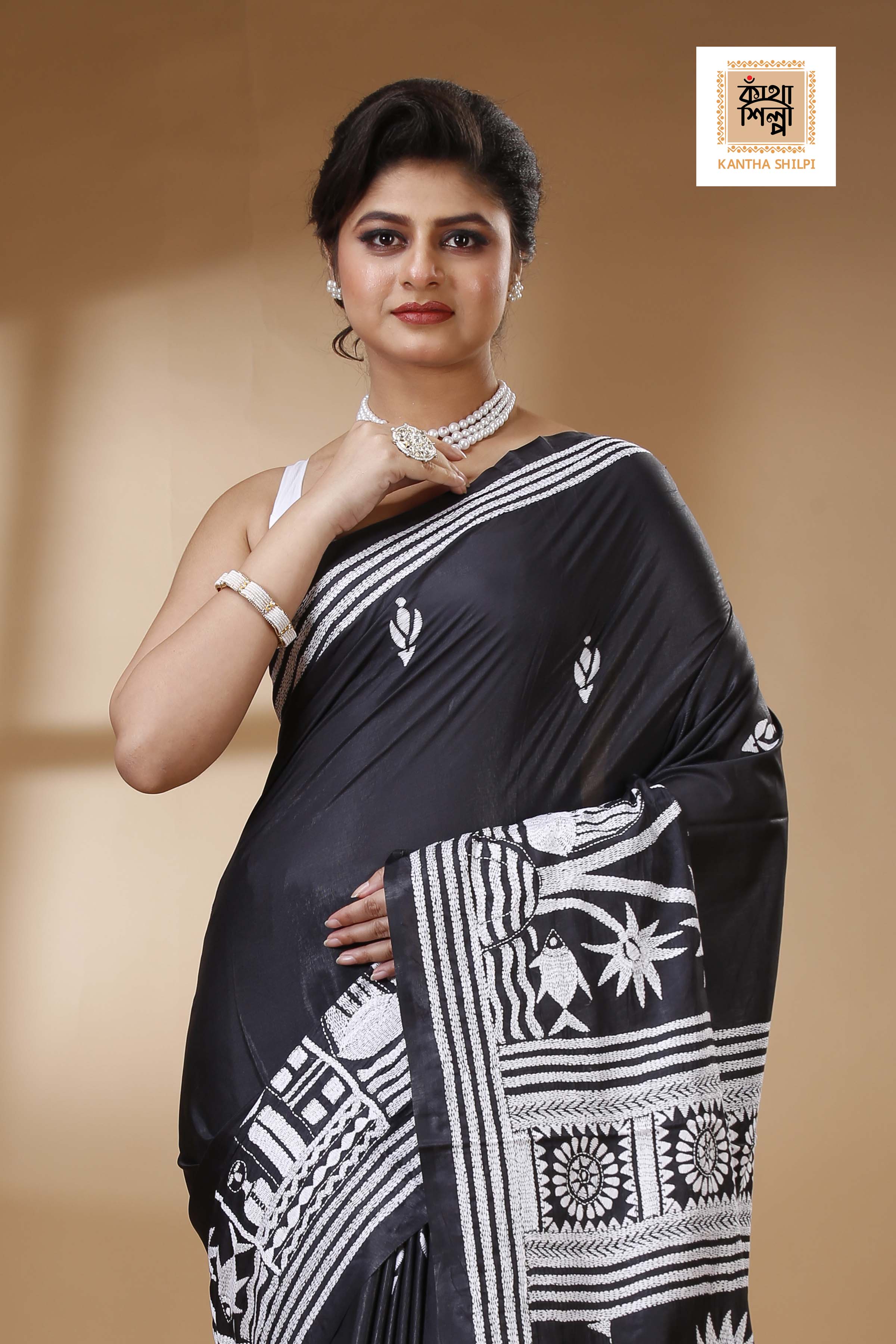 Black Color Bangalore Silk White color Thread Work Kantha Stitch Saree