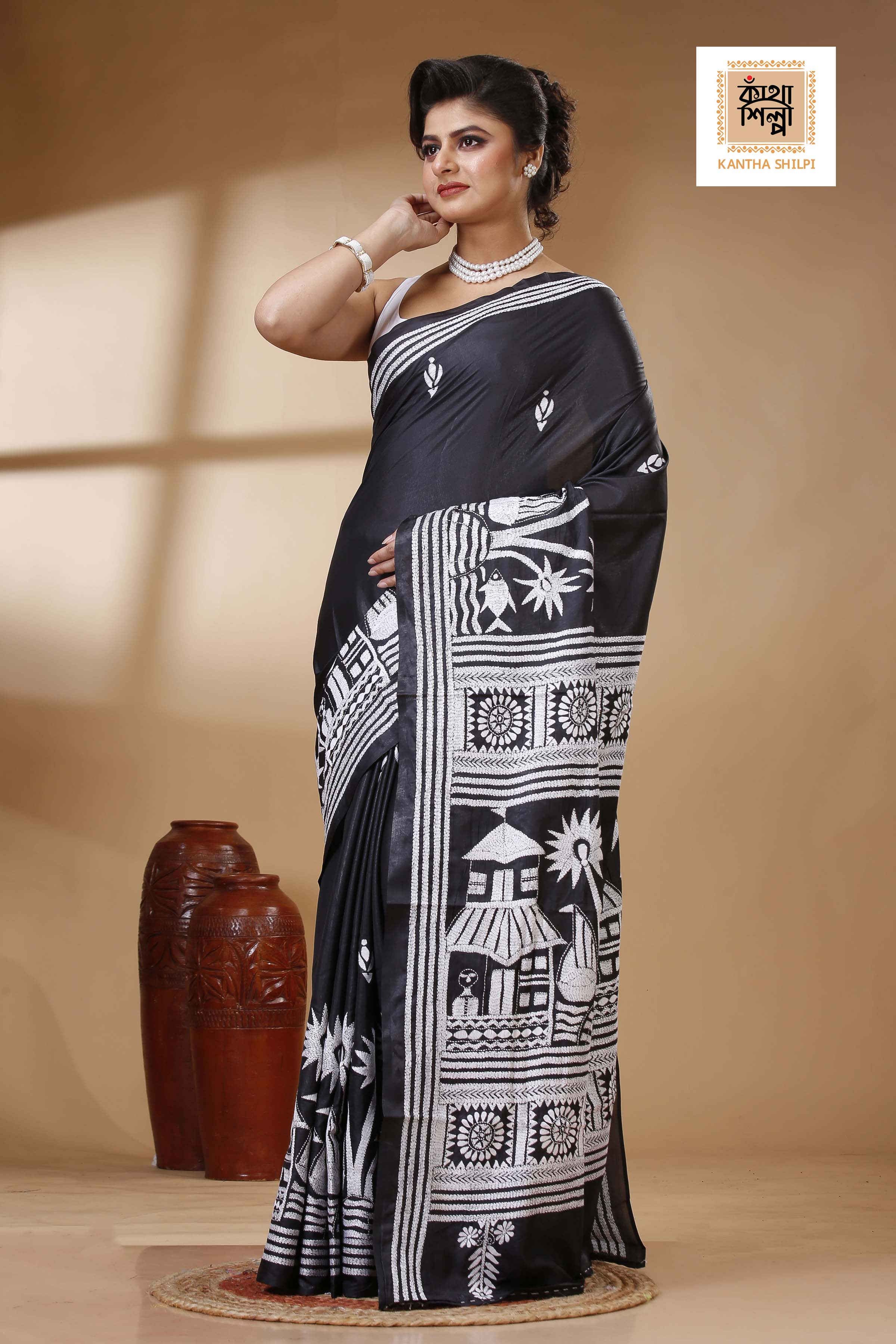 Black Color Bangalore Silk White color Thread Work Kantha Stitch Saree