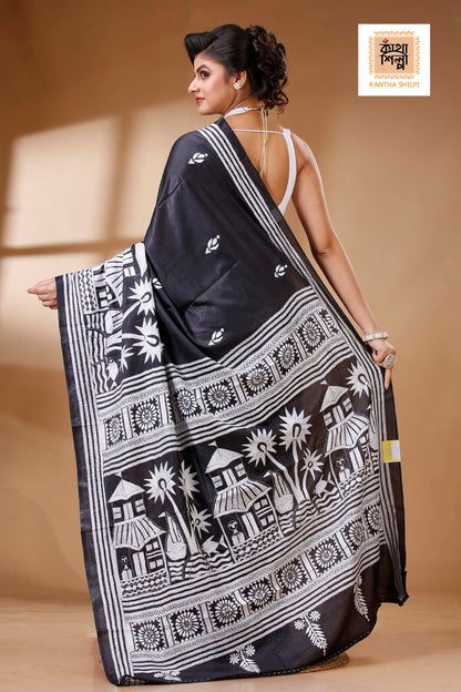 Black Color Bangalore Silk White color Thread Work Kantha Stitch Saree