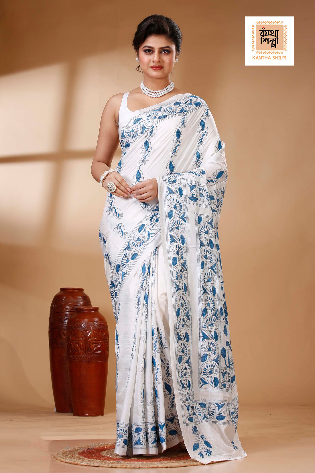 White Color Bangalore Silk Dusty Blue color Thread Work Kantha Stitch Saree