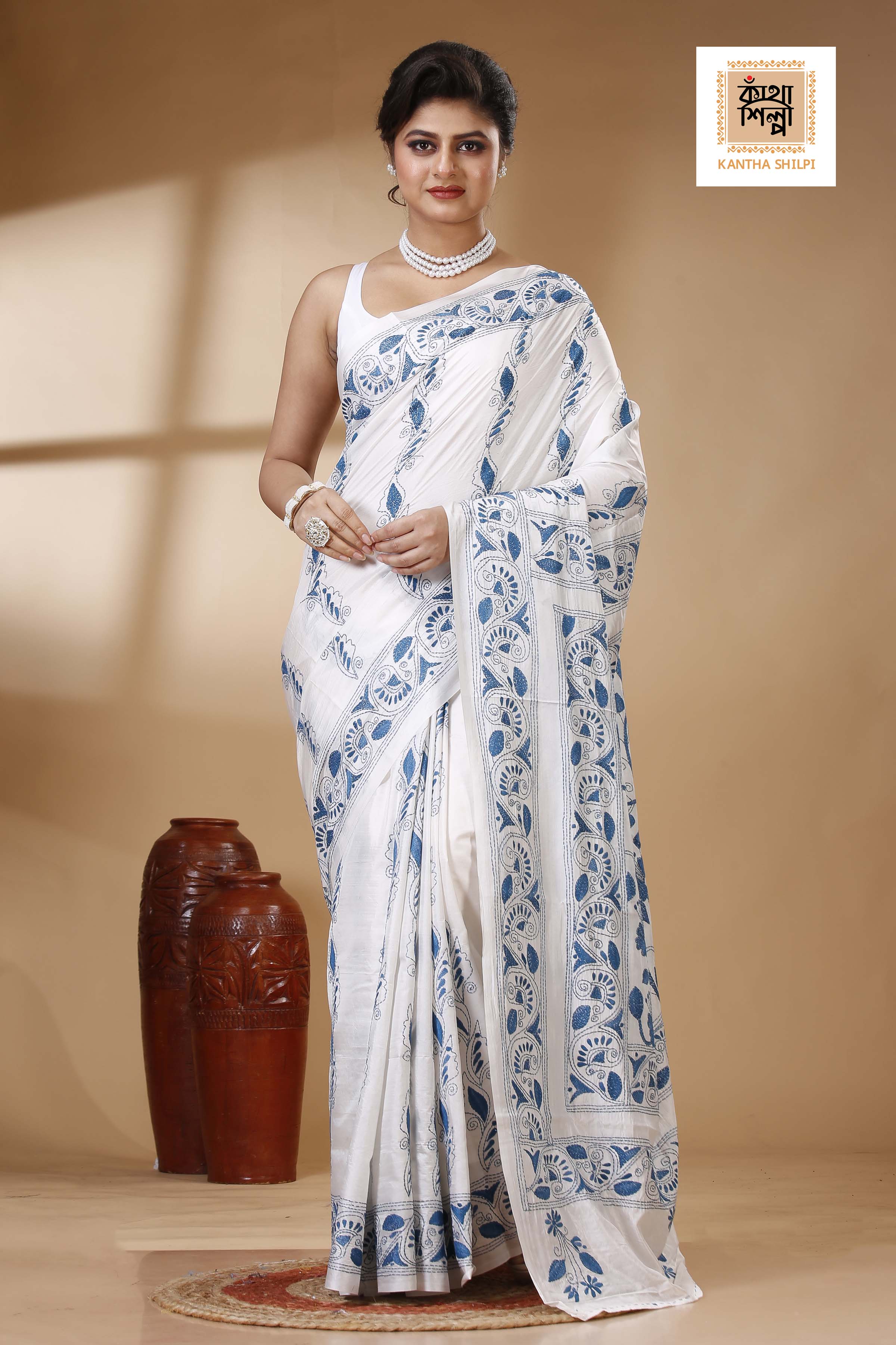 White Color Bangalore Silk Dusty Blue color Thread Work Kantha Stitch Saree