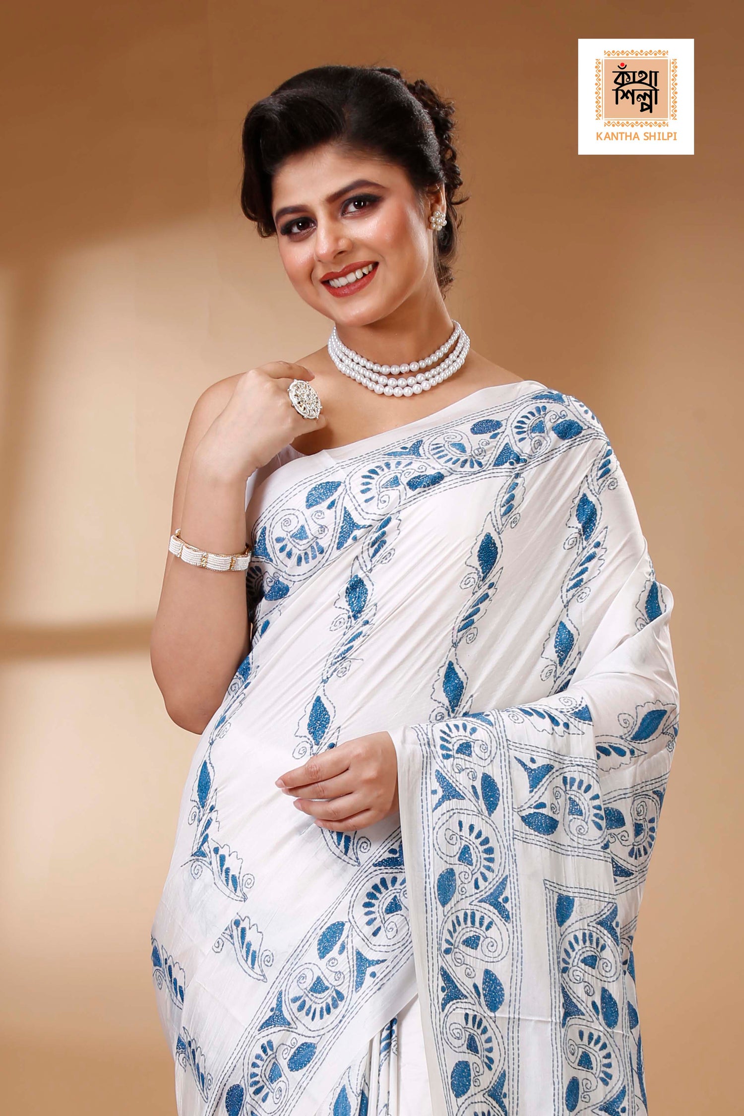 White Color Bangalore Silk Dusty Blue color Thread Work Kantha Stitch Saree