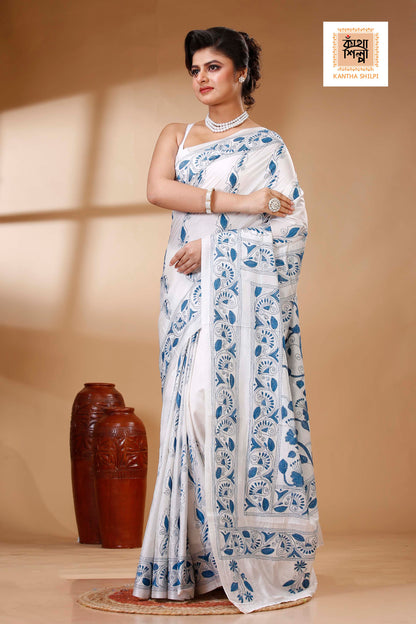 White Color Bangalore Silk Dusty Blue color Thread Work Kantha Stitch Saree